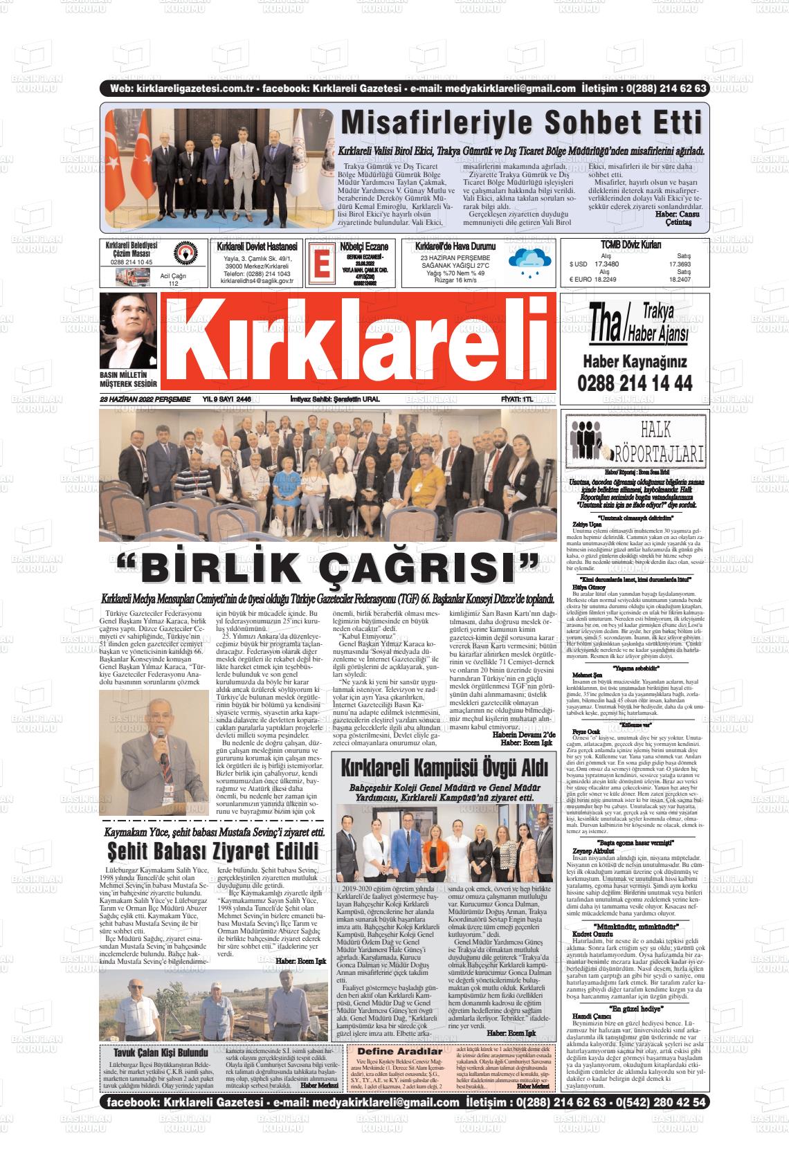 23 Haziran 2022 Kırklareli Gazete Manşeti