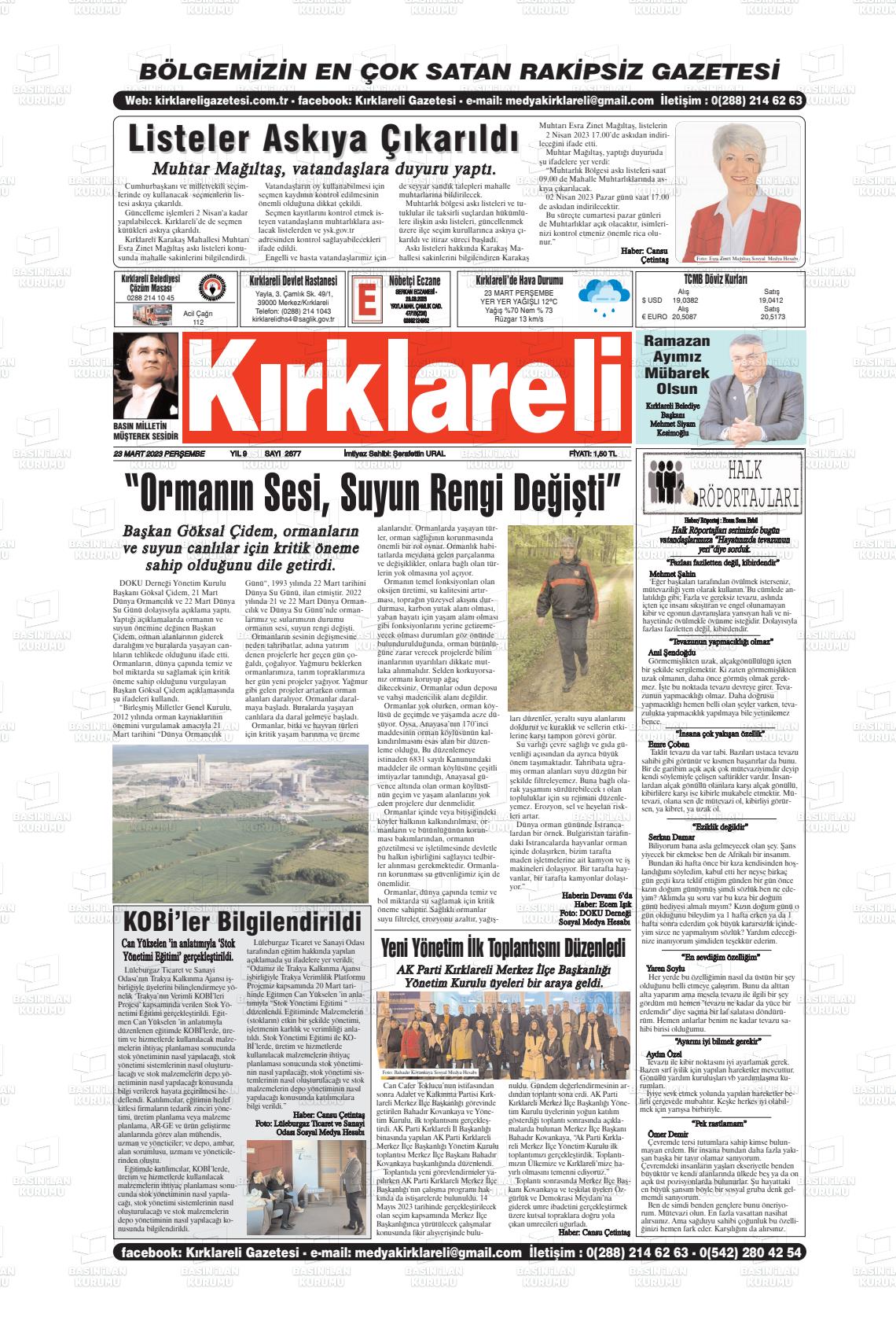 23 Mart 2023 Kırklareli Gazete Manşeti