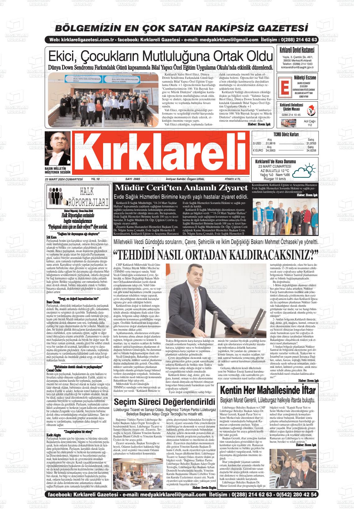 23 Mart 2024 Kırklareli Gazete Manşeti