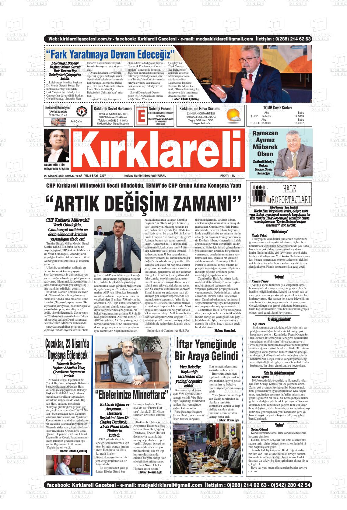 23 Nisan 2022 Kırklareli Gazete Manşeti