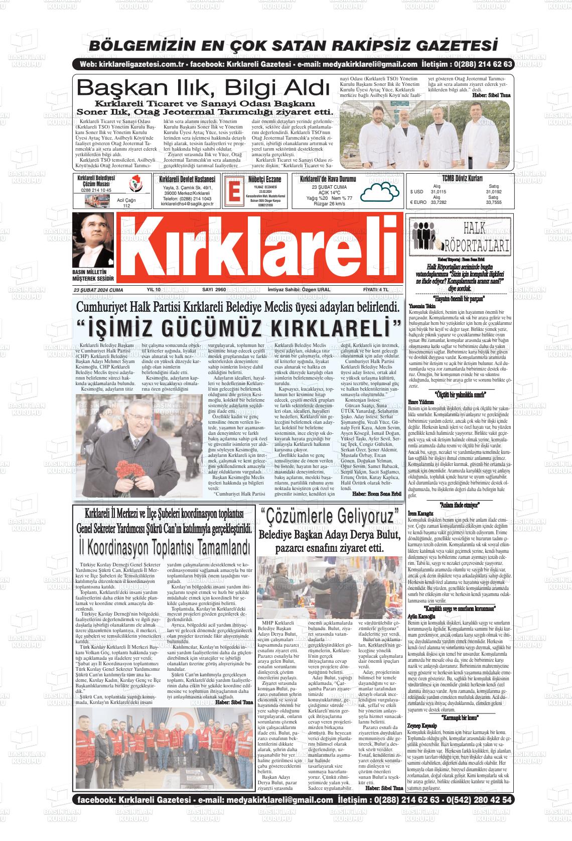 23 Şubat 2024 Kırklareli Gazete Manşeti