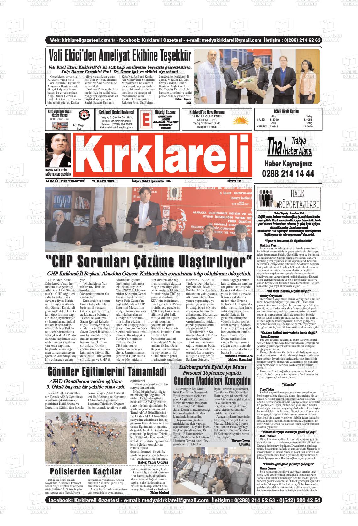 24 Eylül 2022 Kırklareli Gazete Manşeti