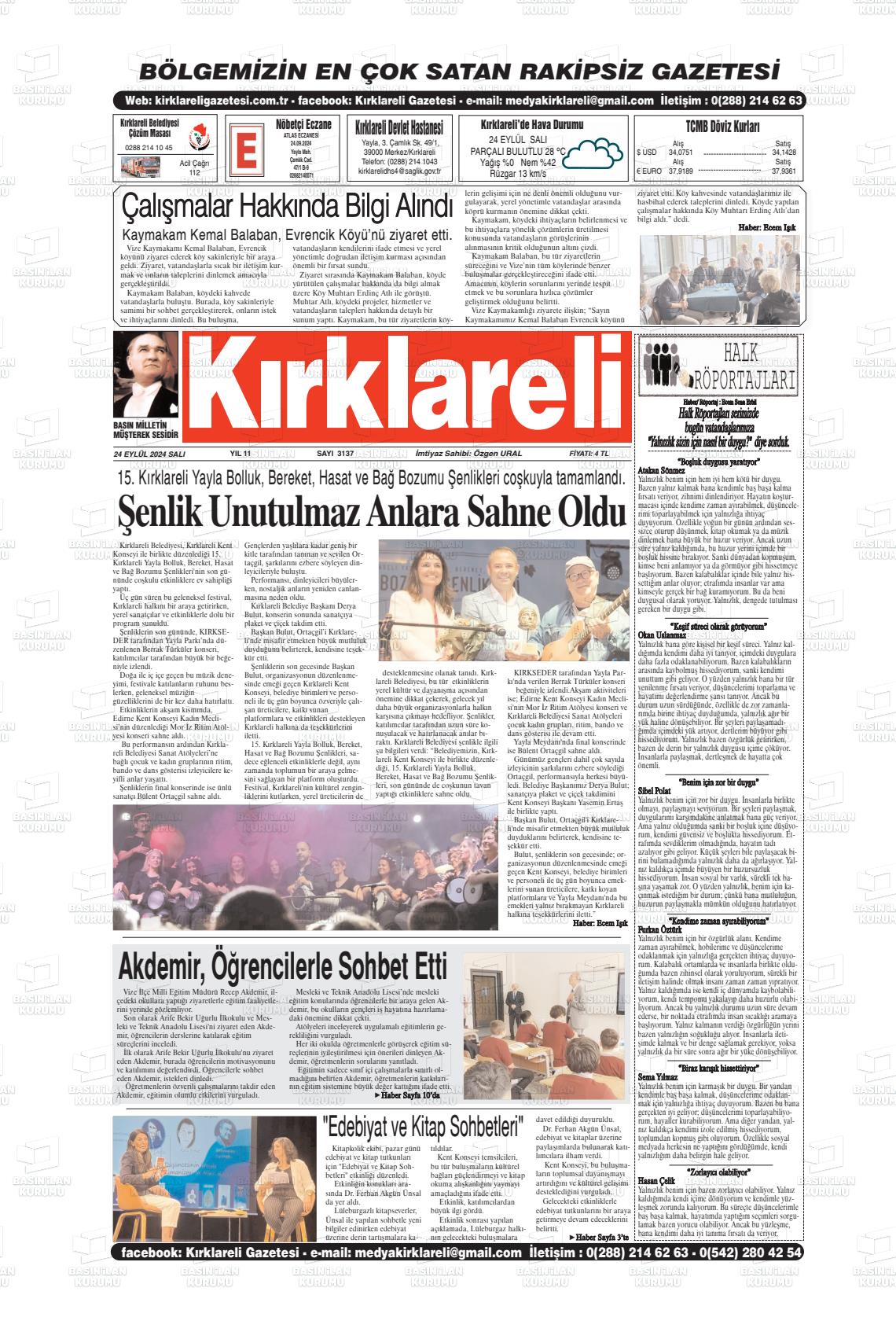 24 Eylül 2024 Kırklareli Gazete Manşeti