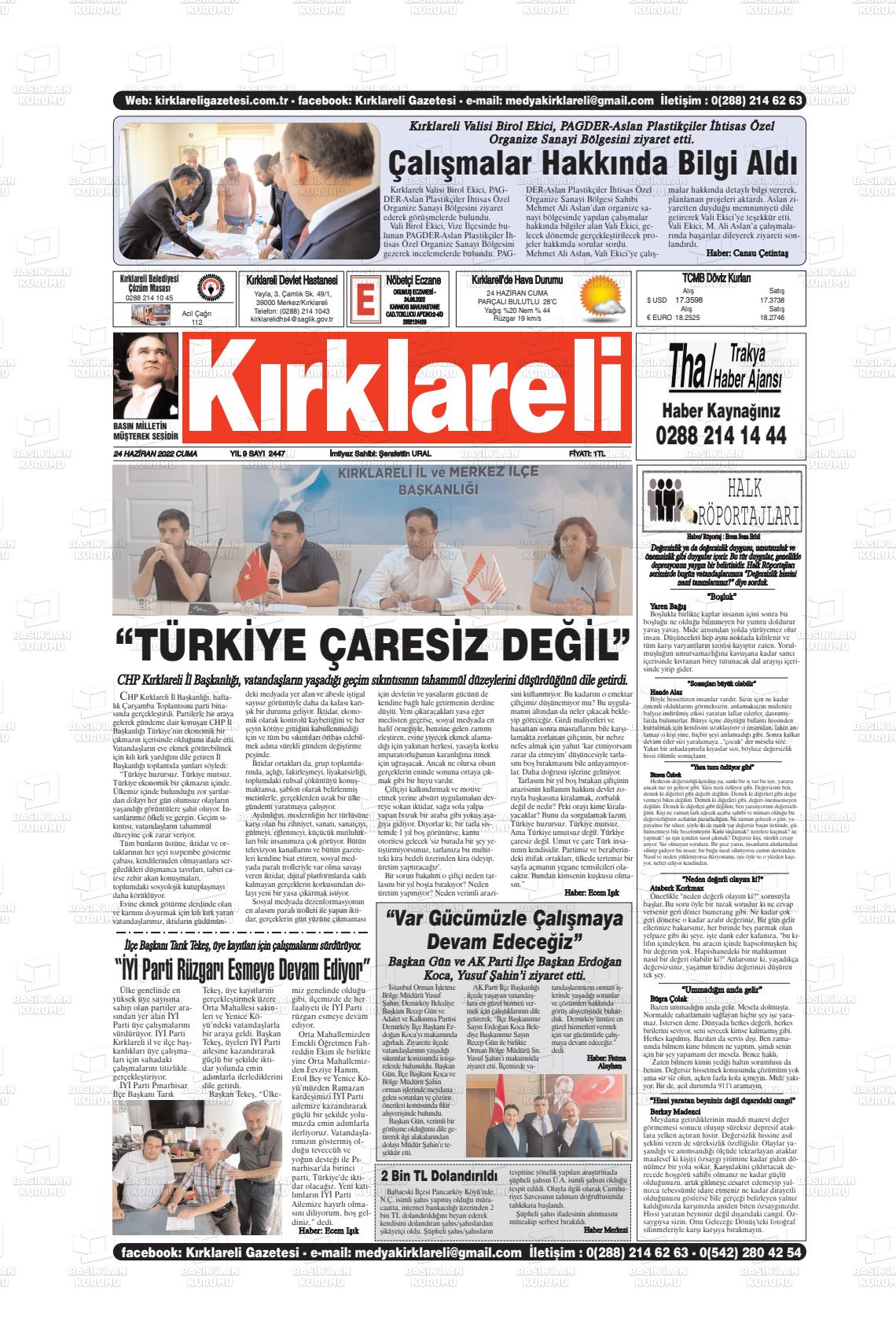 24 Haziran 2022 Kırklareli Gazete Manşeti