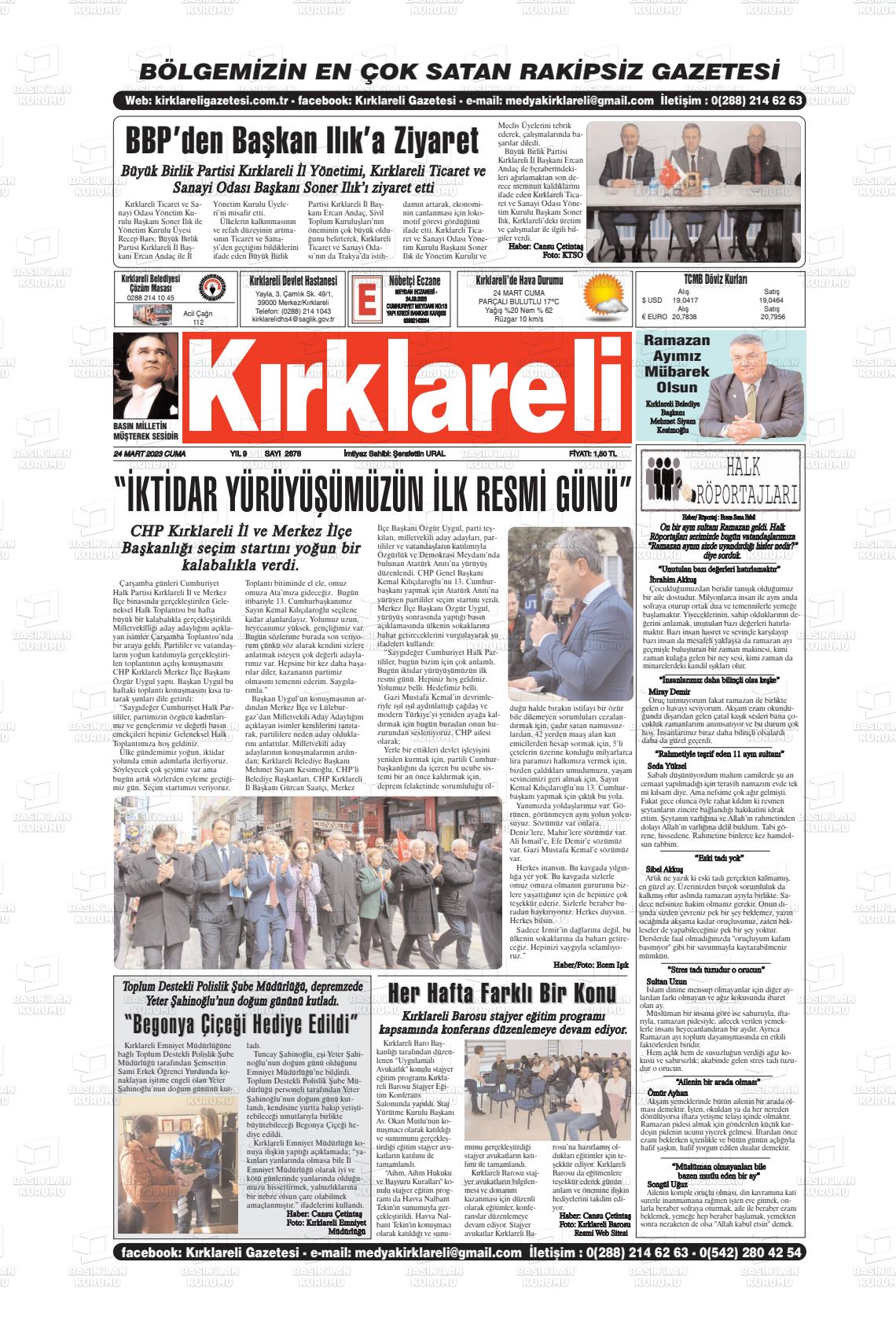 24 Mart 2023 Kırklareli Gazete Manşeti