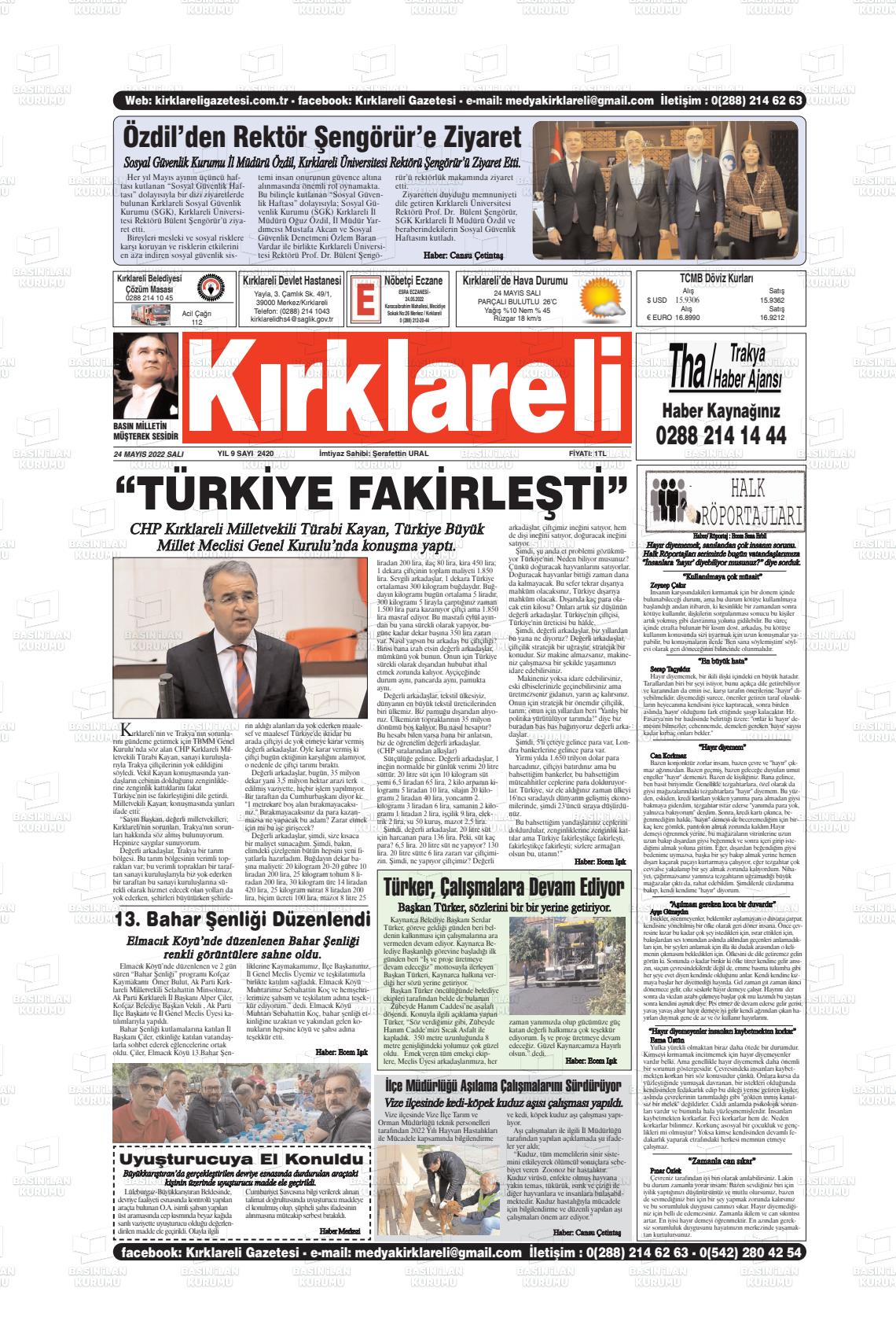 24 Mayıs 2022 Kırklareli Gazete Manşeti