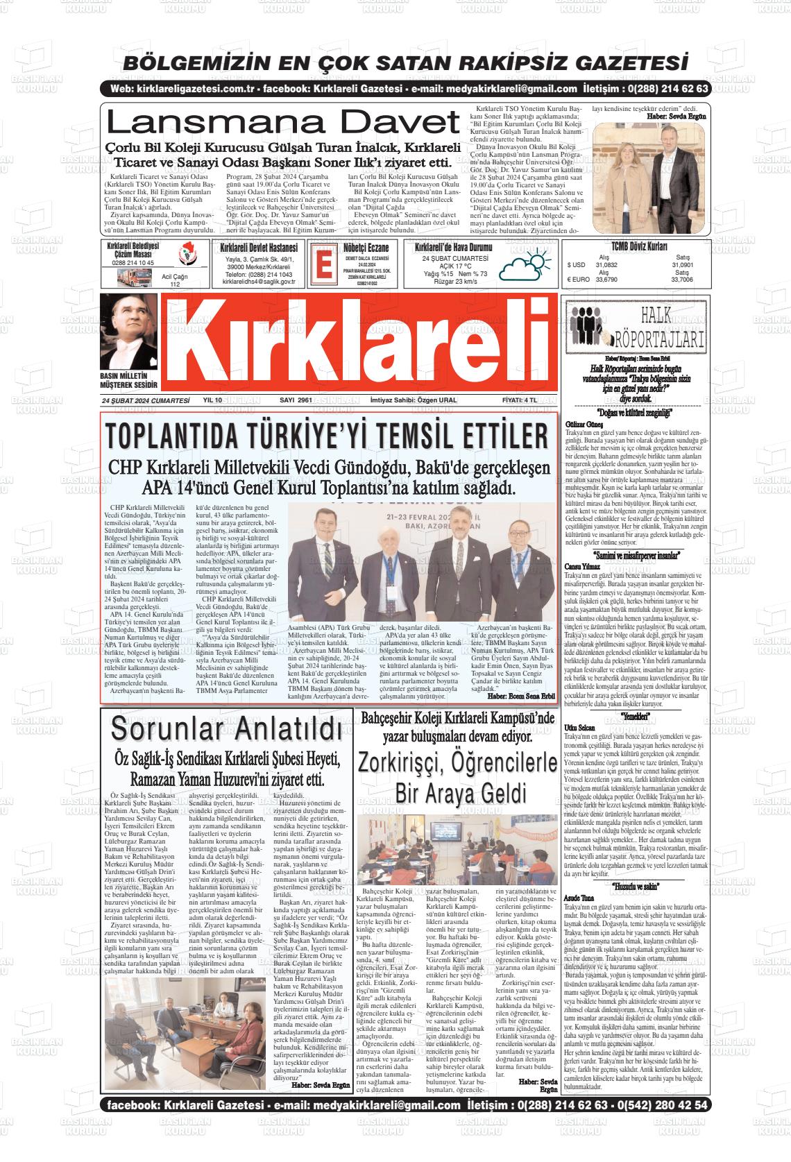 24 Şubat 2024 Kırklareli Gazete Manşeti