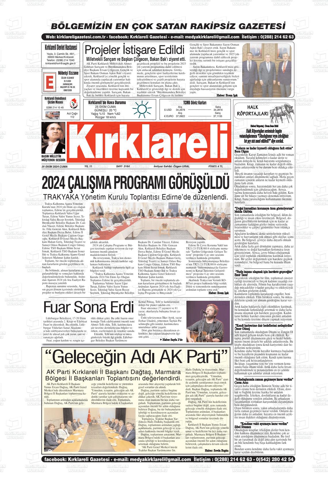 26 Ekim 2024 Kırklareli Gazete Manşeti