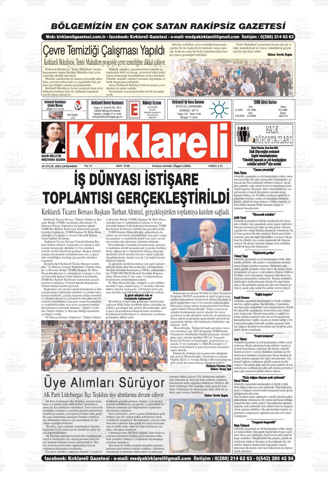 25 Eylül 2024 Kırklareli Gazete Manşeti