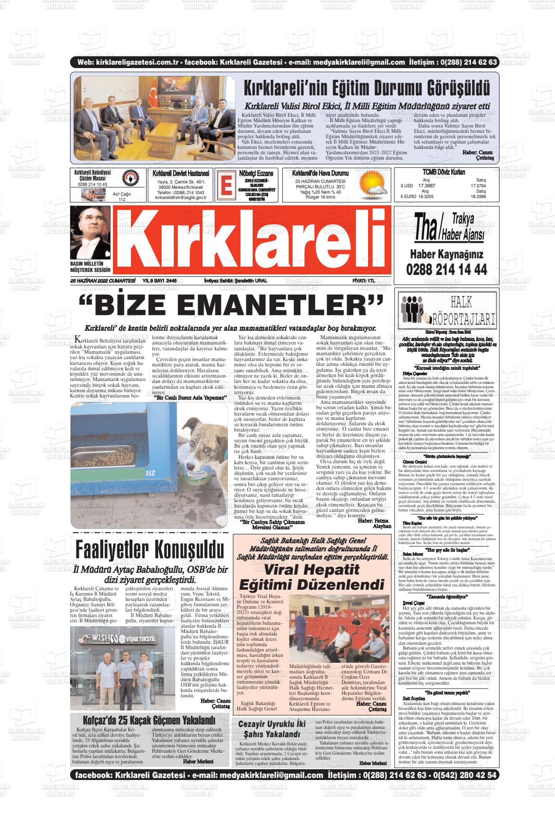 25 Haziran 2022 Kırklareli Gazete Manşeti