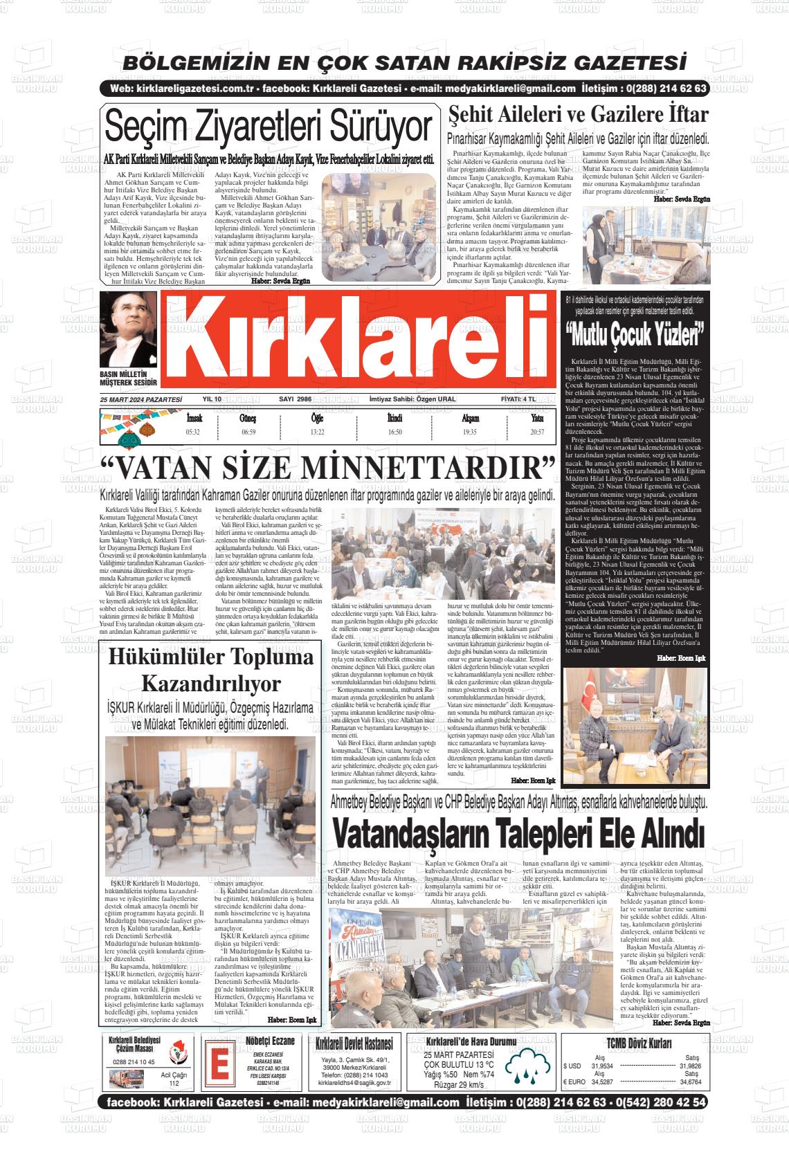 25 Mart 2024 Kırklareli Gazete Manşeti