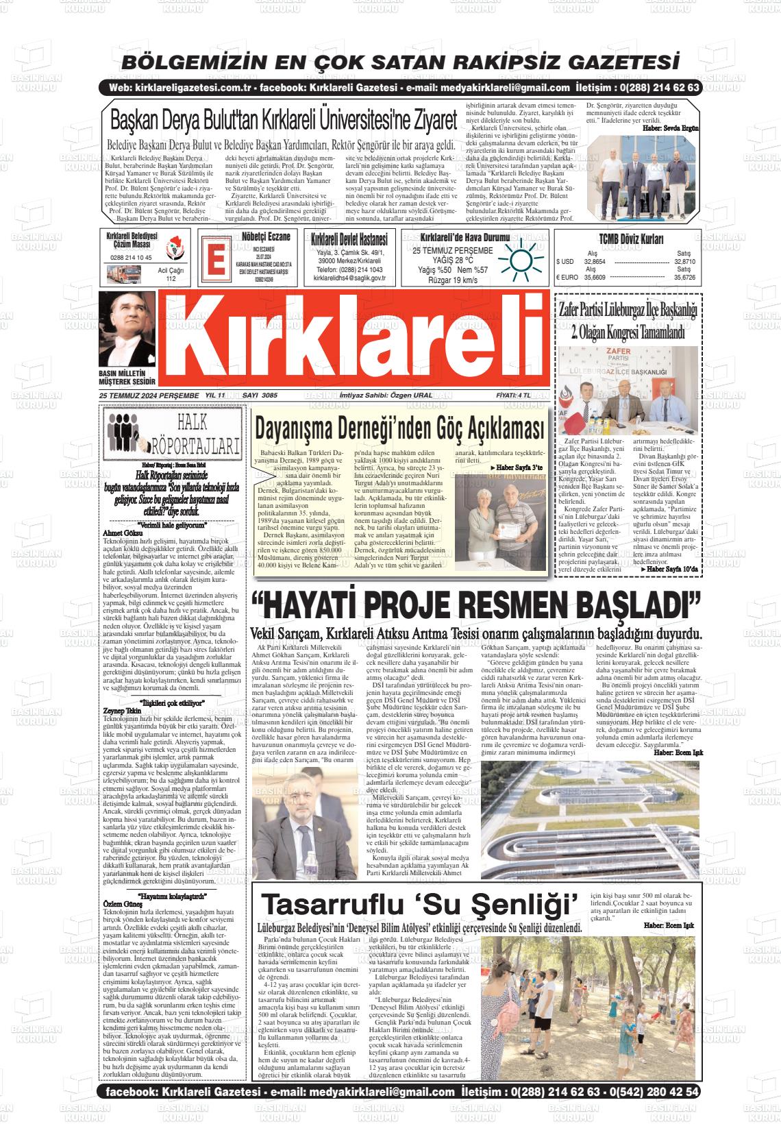 25 Temmuz 2024 Kırklareli Gazete Manşeti