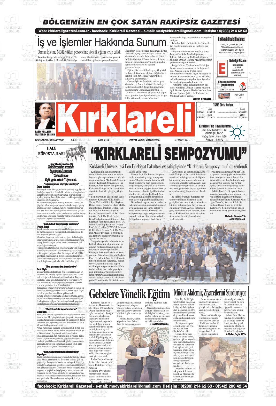 26 Ekim 2024 Kırklareli Gazete Manşeti