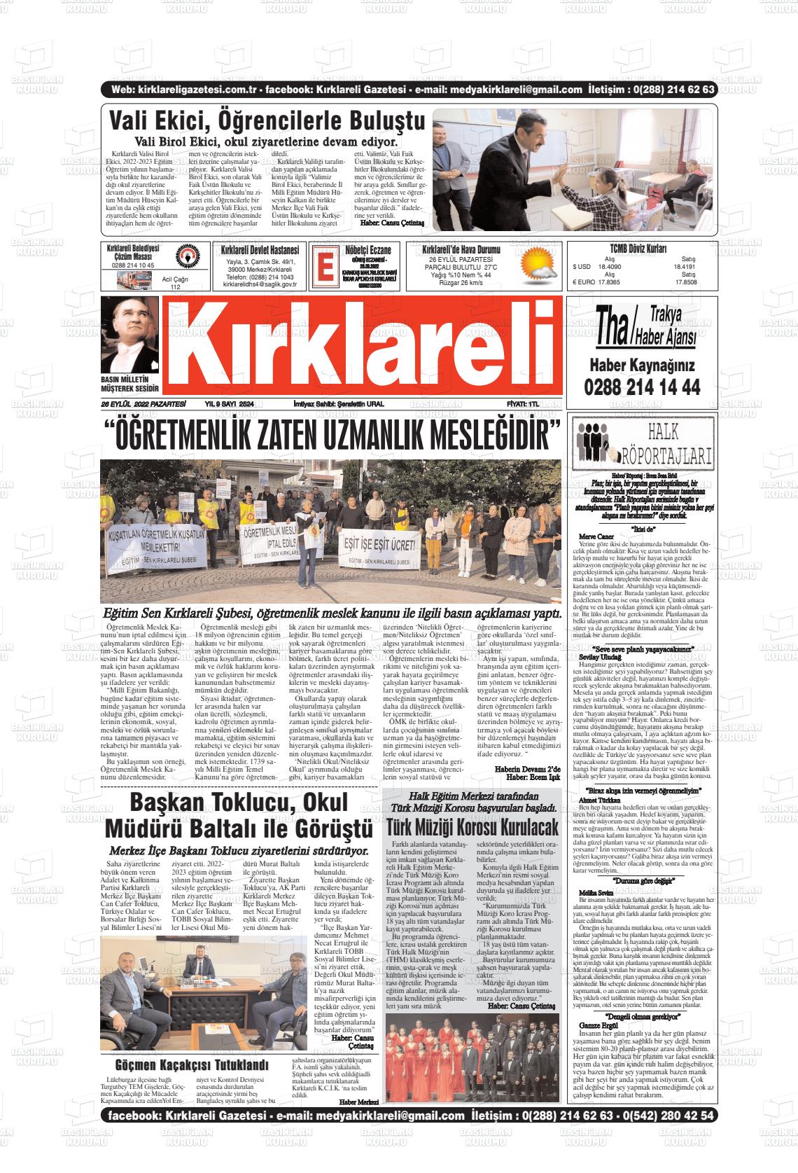 26 Eylül 2022 Kırklareli Gazete Manşeti