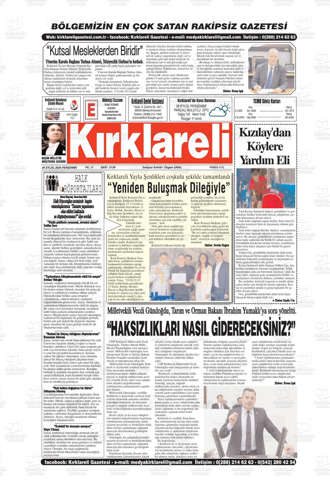 26 Eylül 2024 Kırklareli Gazete Manşeti