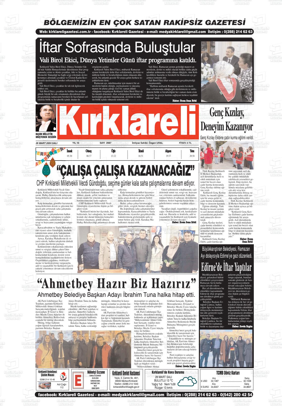 26 Mart 2024 Kırklareli Gazete Manşeti