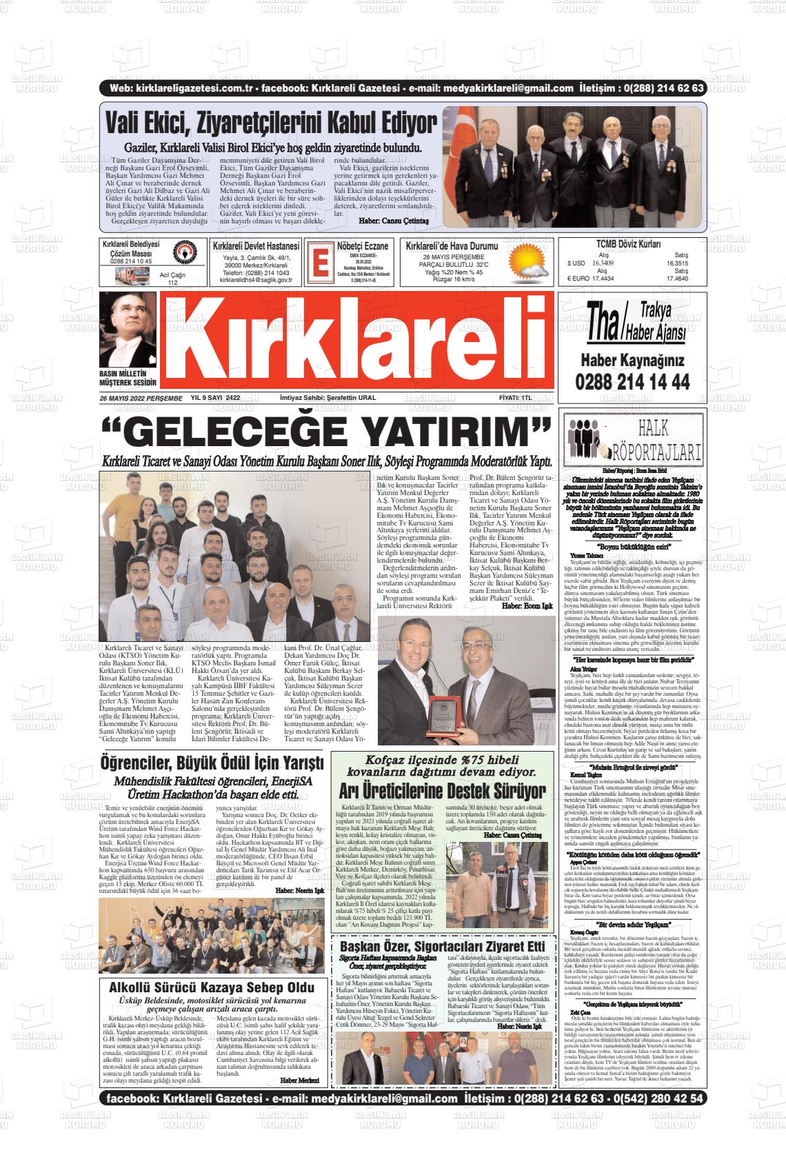 26 Mayıs 2022 Kırklareli Gazete Manşeti