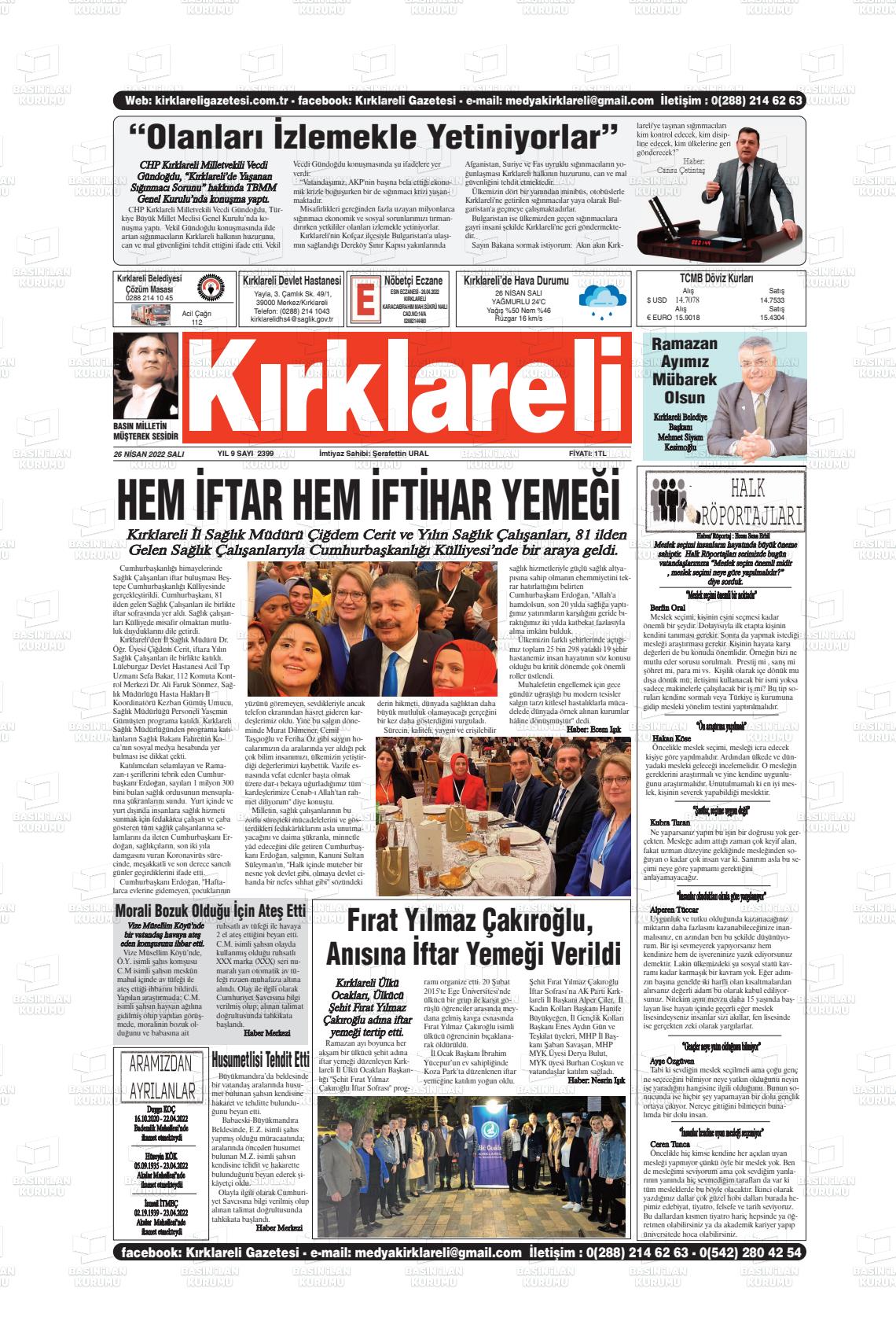 26 Nisan 2022 Kırklareli Gazete Manşeti