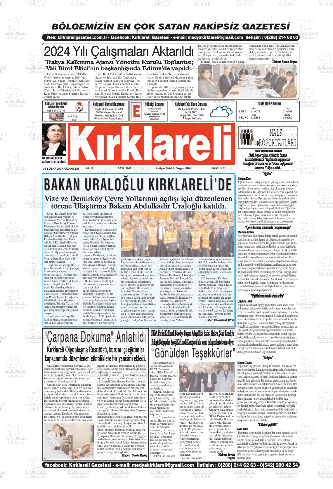 26 Şubat 2024 Kırklareli Gazete Manşeti