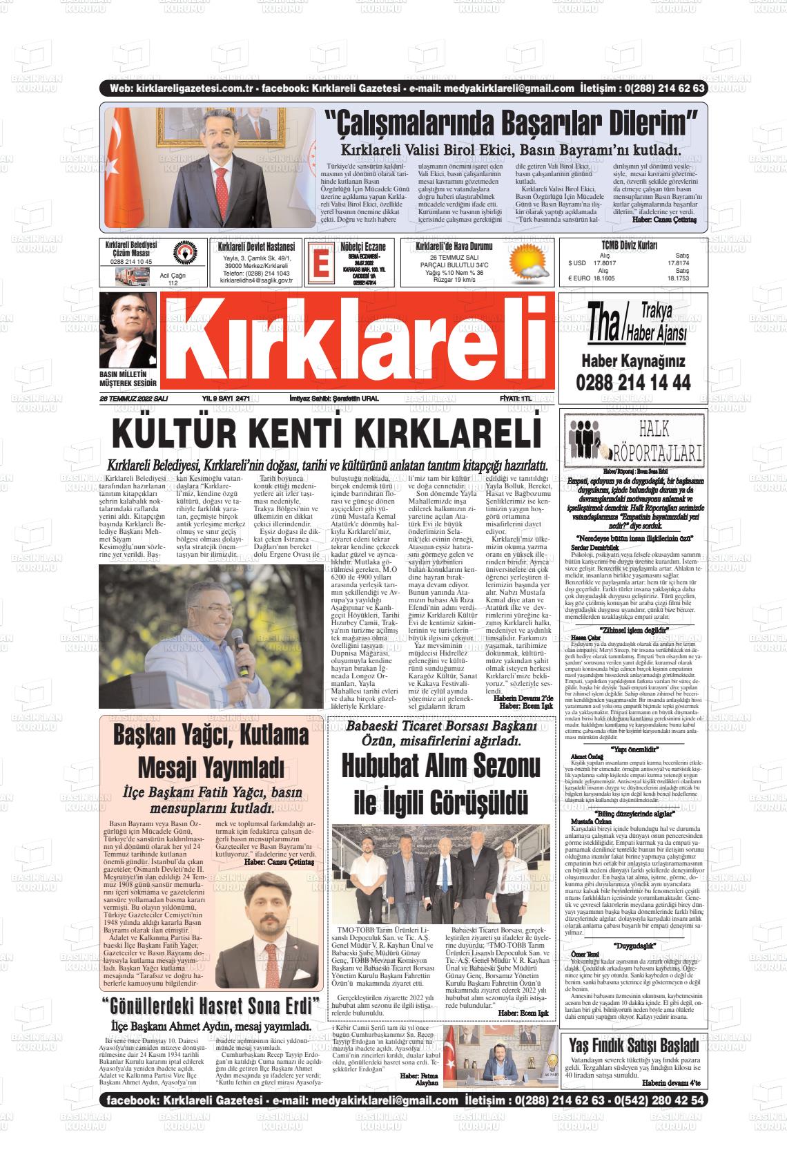 26 Temmuz 2022 Kırklareli Gazete Manşeti