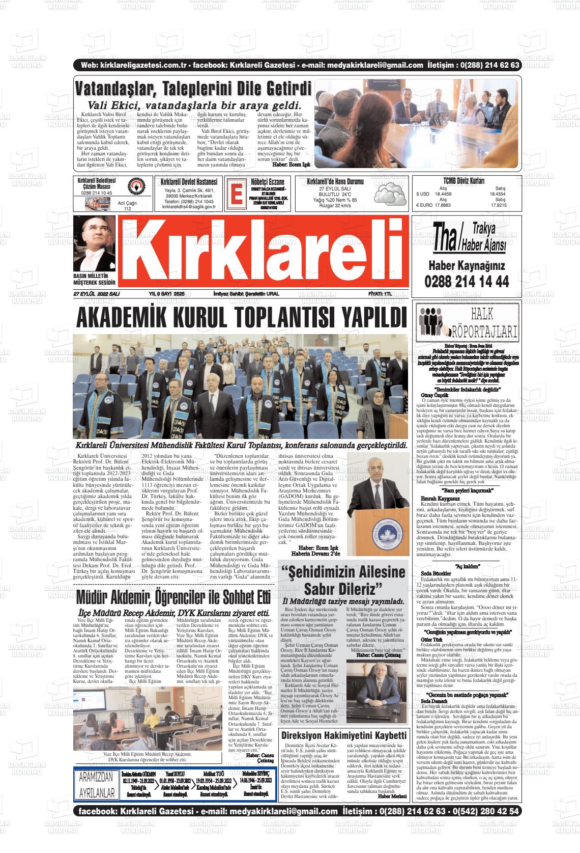 27 Eylül 2022 Kırklareli Gazete Manşeti