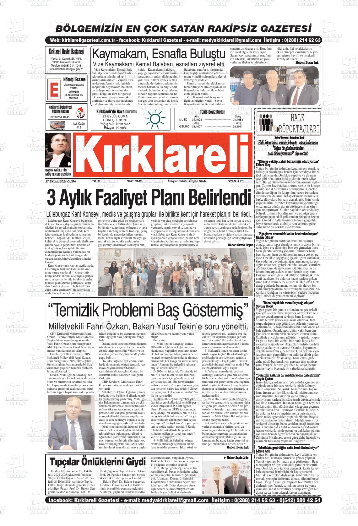 27 Eylül 2024 Kırklareli Gazete Manşeti