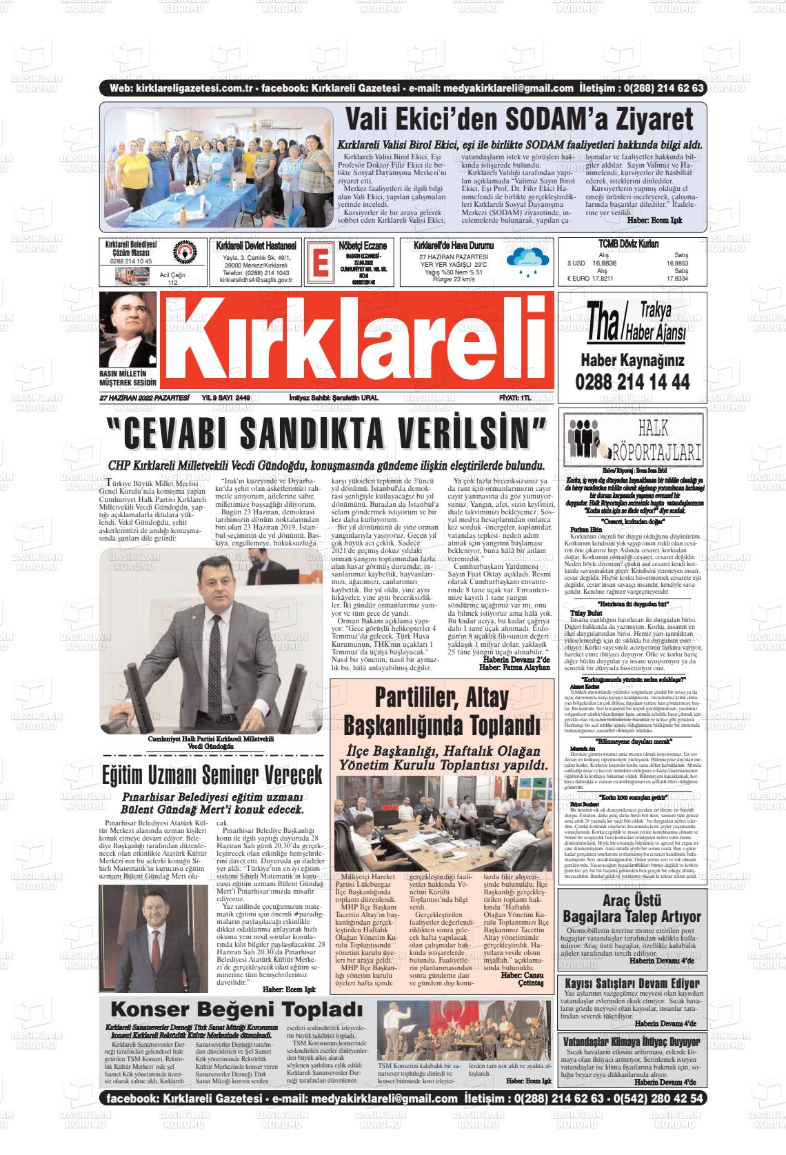 27 Haziran 2022 Kırklareli Gazete Manşeti