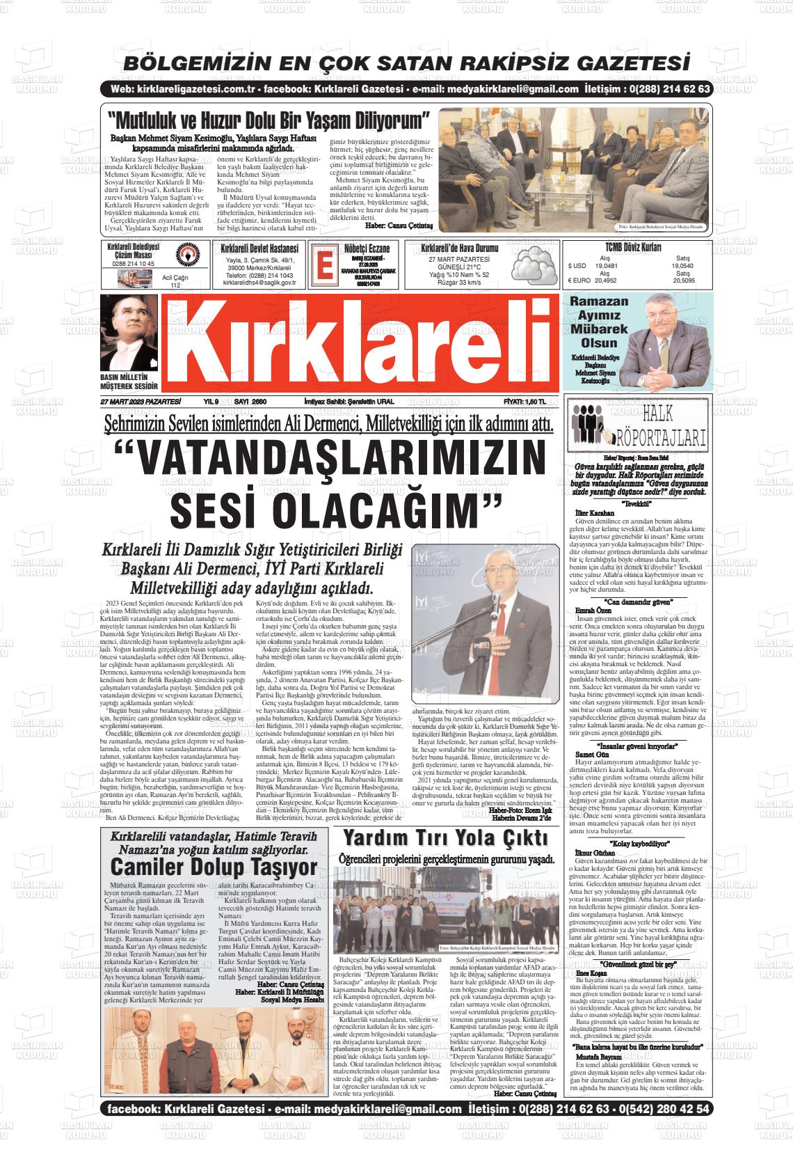 27 Mart 2023 Kırklareli Gazete Manşeti