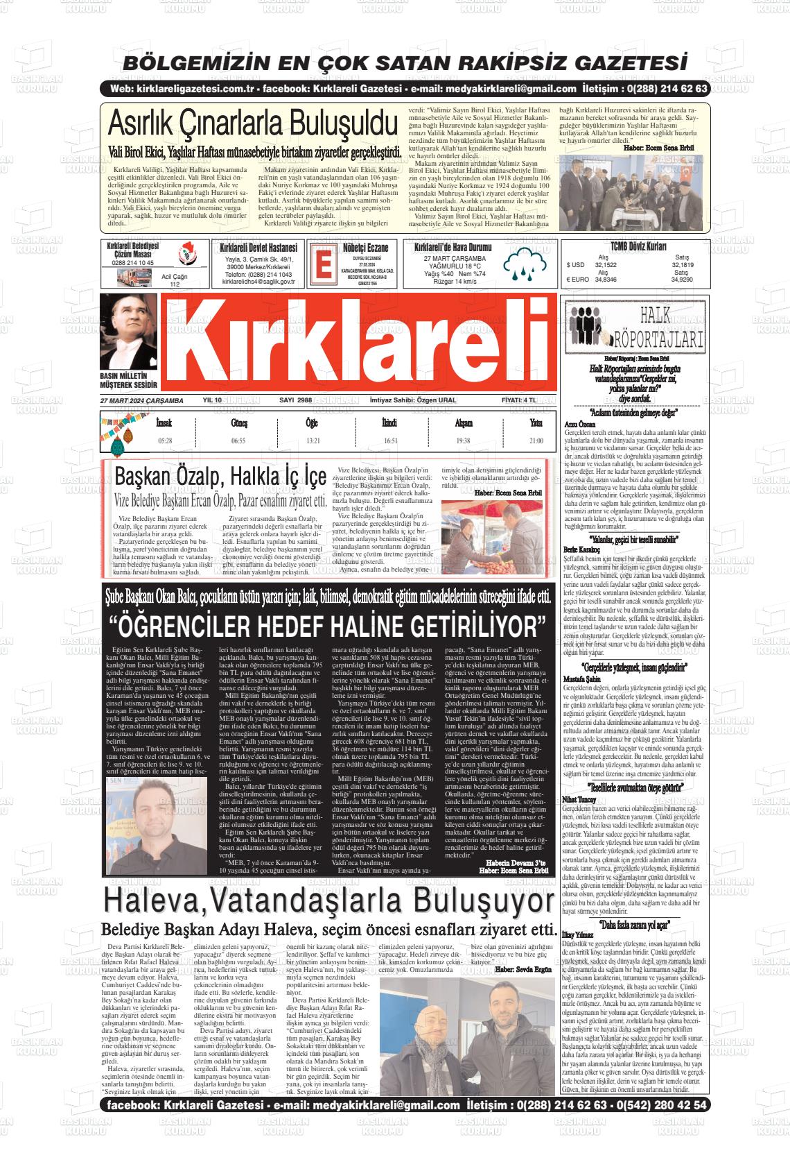 27 Mart 2024 Kırklareli Gazete Manşeti