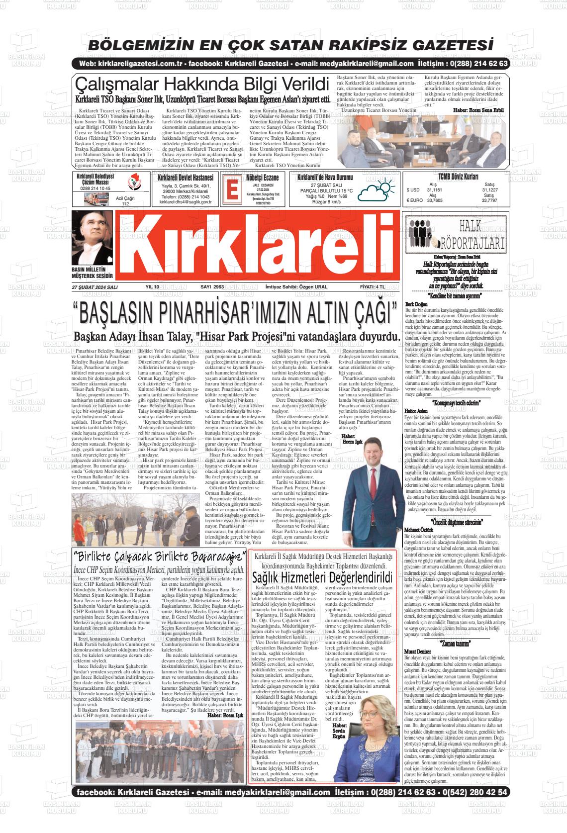 27 Şubat 2024 Kırklareli Gazete Manşeti