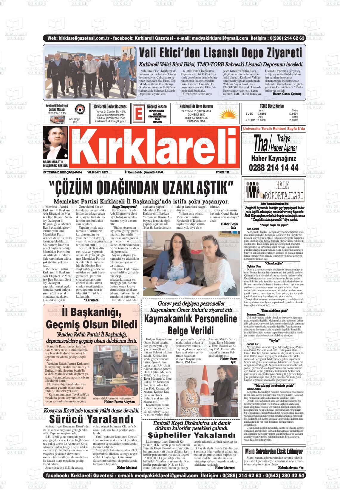 27 Temmuz 2022 Kırklareli Gazete Manşeti