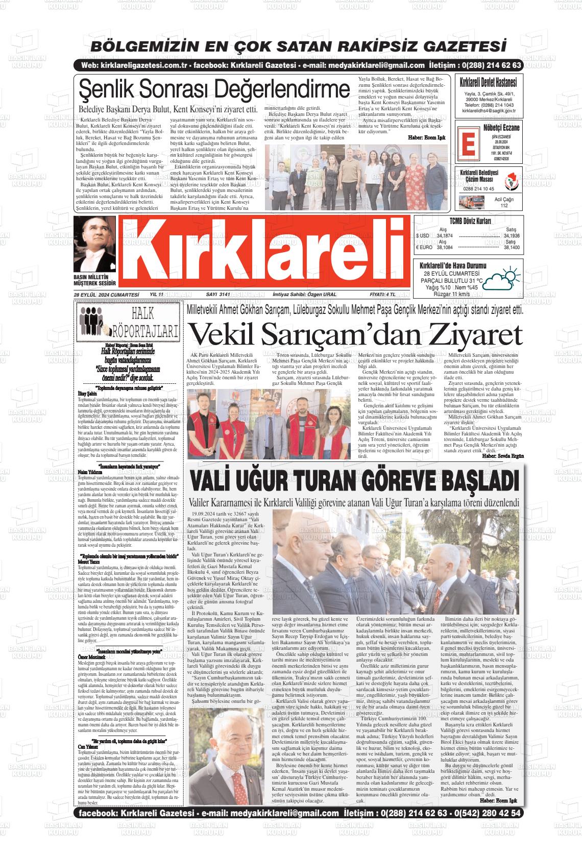 28 Eylül 2024 Kırklareli Gazete Manşeti