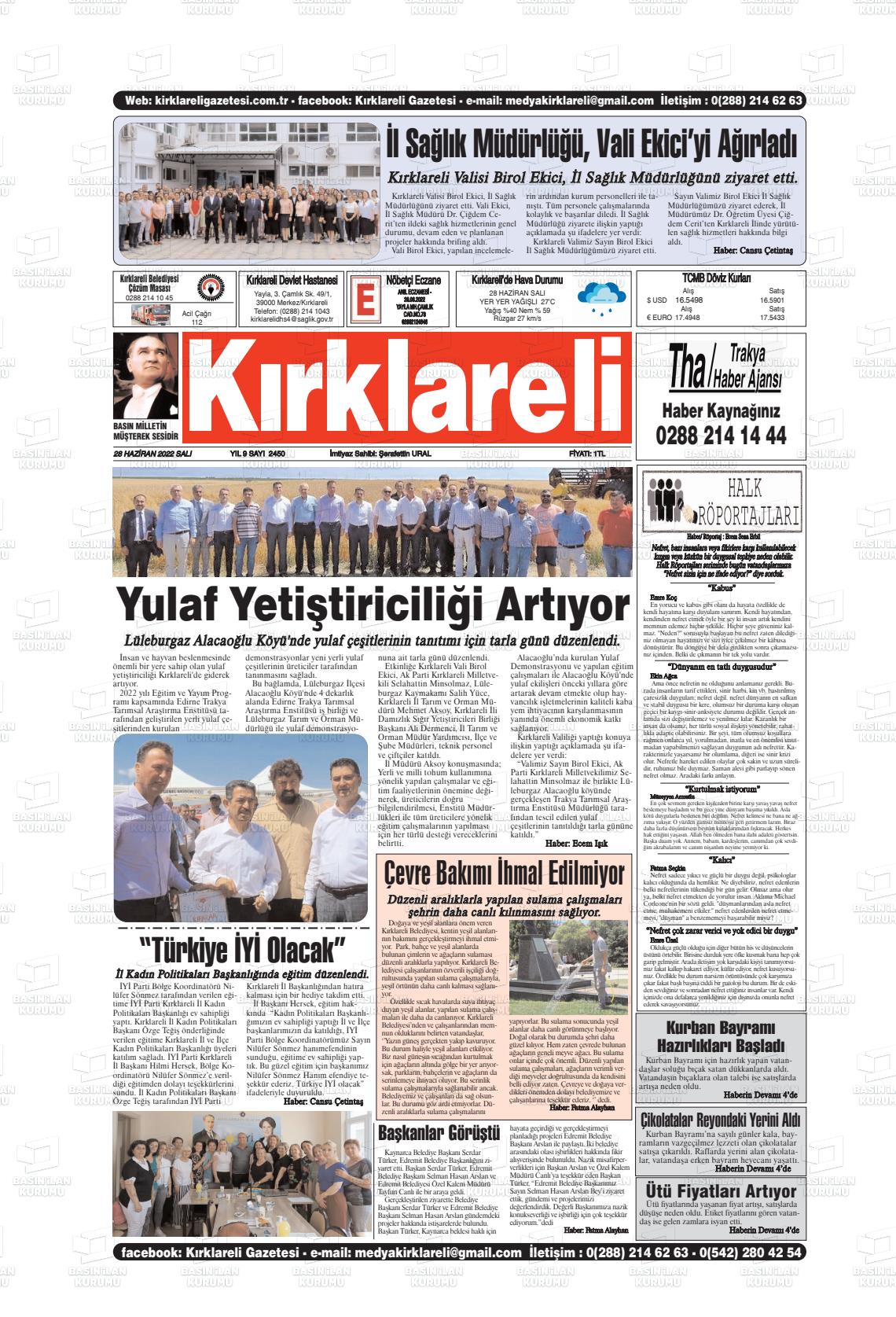 28 Haziran 2022 Kırklareli Gazete Manşeti