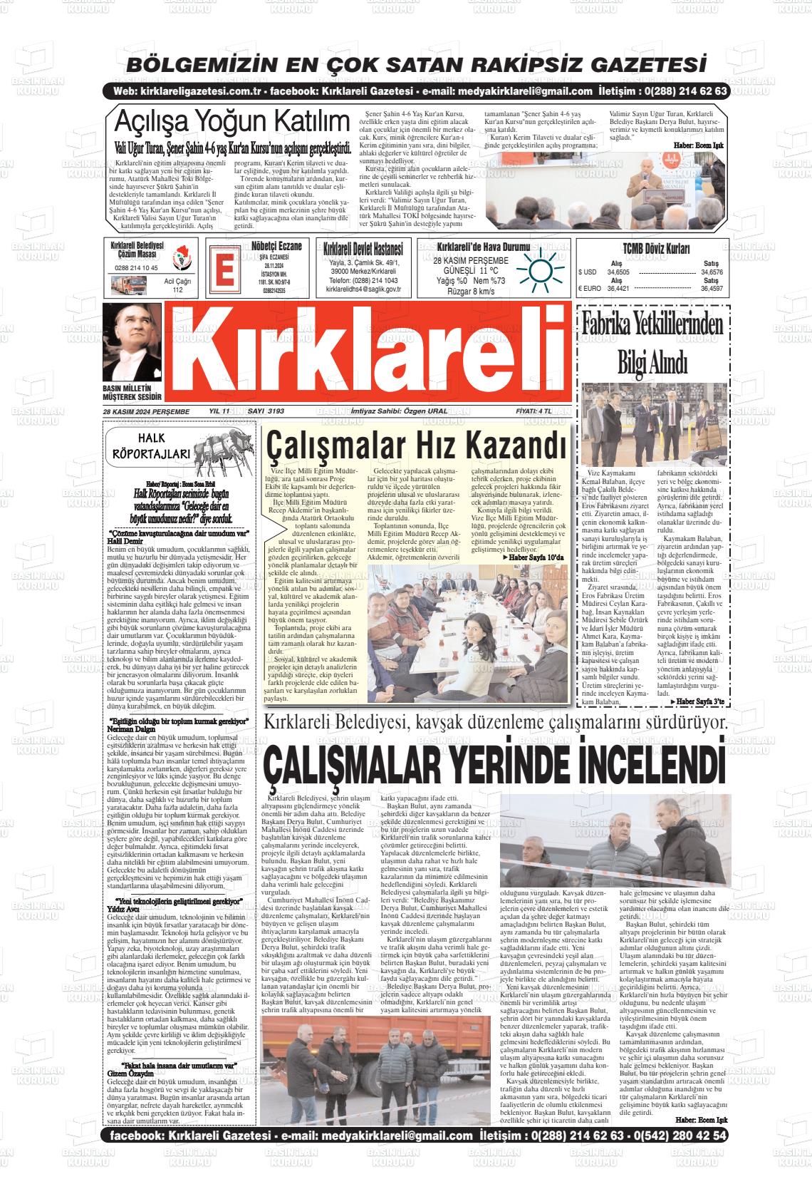 24 Aralık 2024 Kırklareli Gazete Manşeti