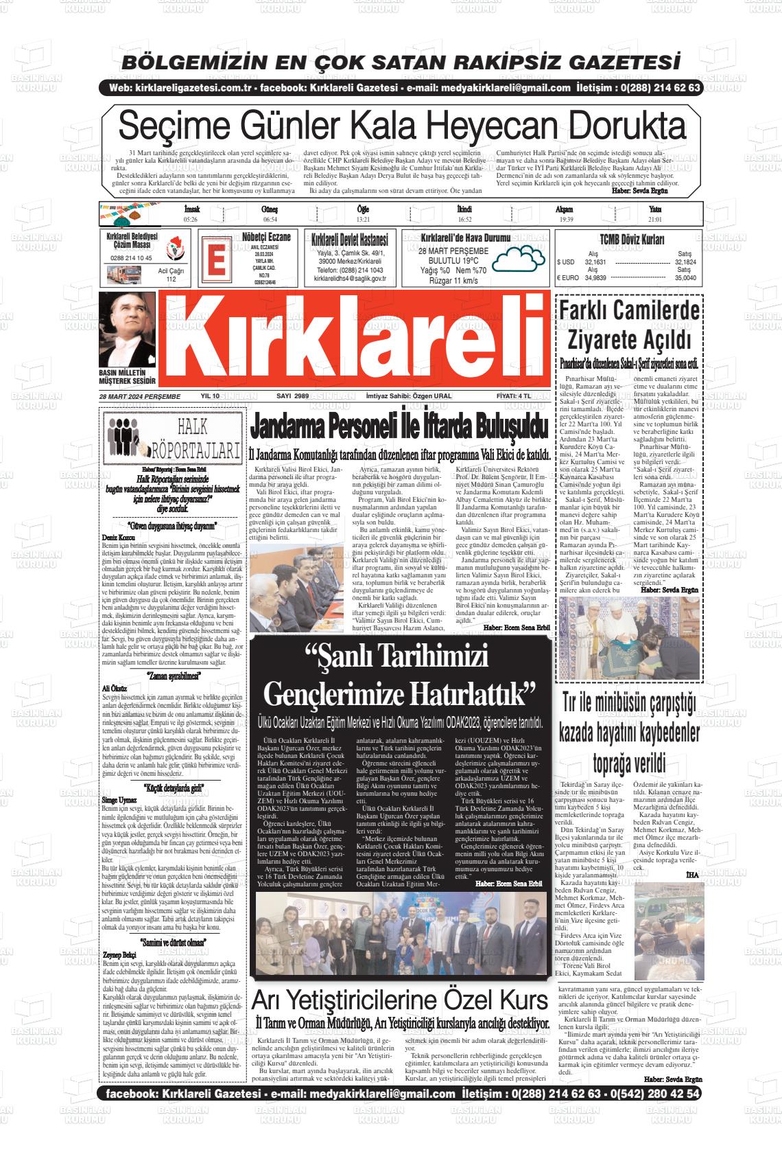 28 Mart 2024 Kırklareli Gazete Manşeti