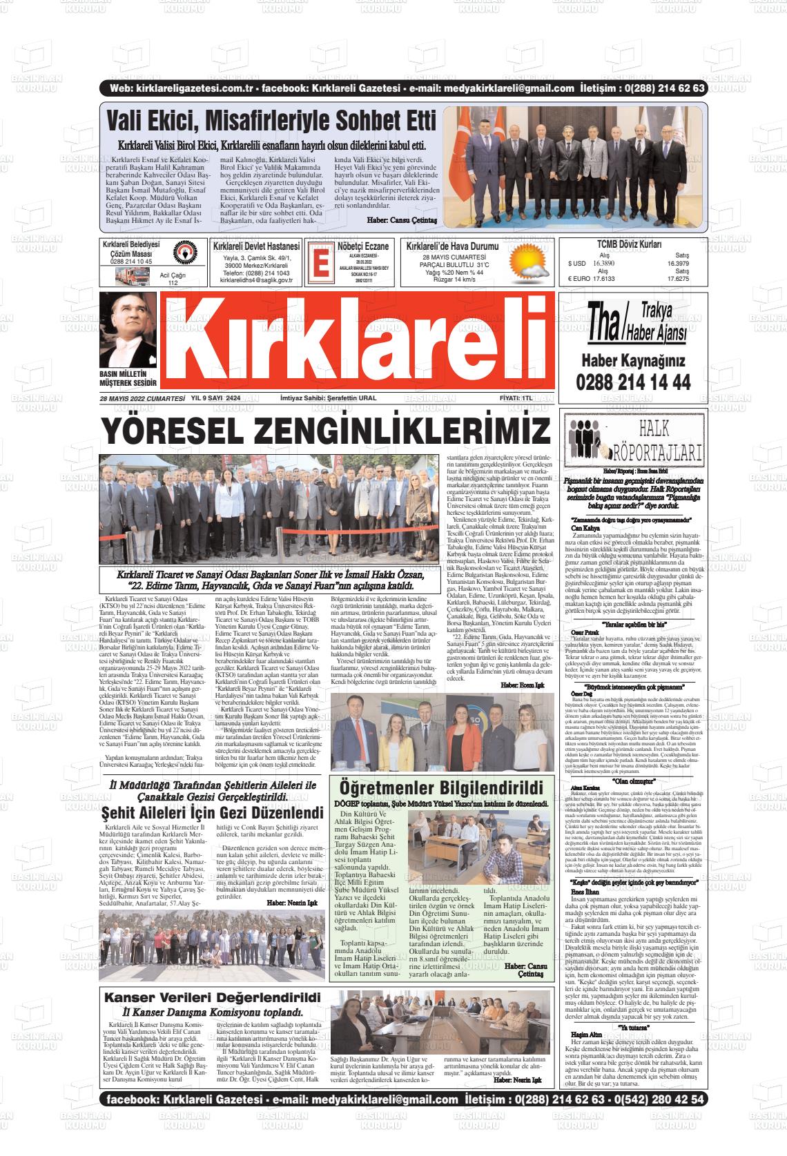 28 Mayıs 2022 Kırklareli Gazete Manşeti