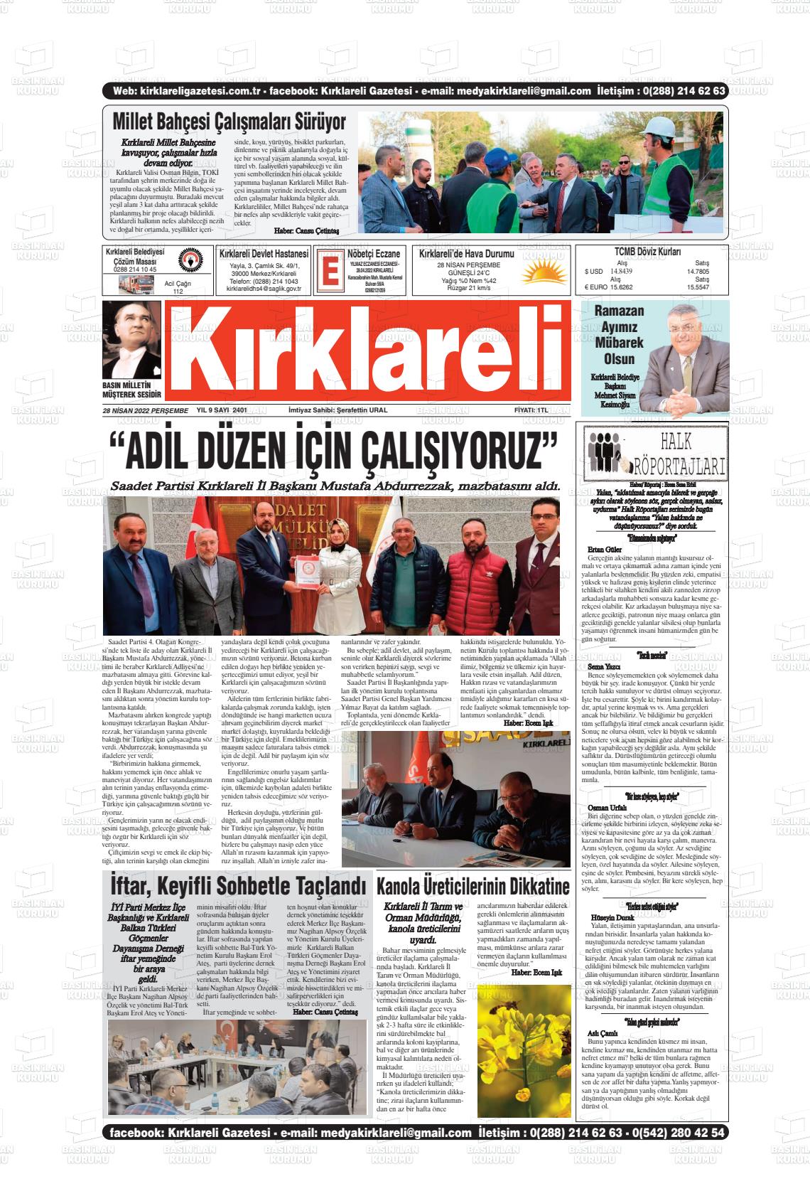 28 Nisan 2022 Kırklareli Gazete Manşeti