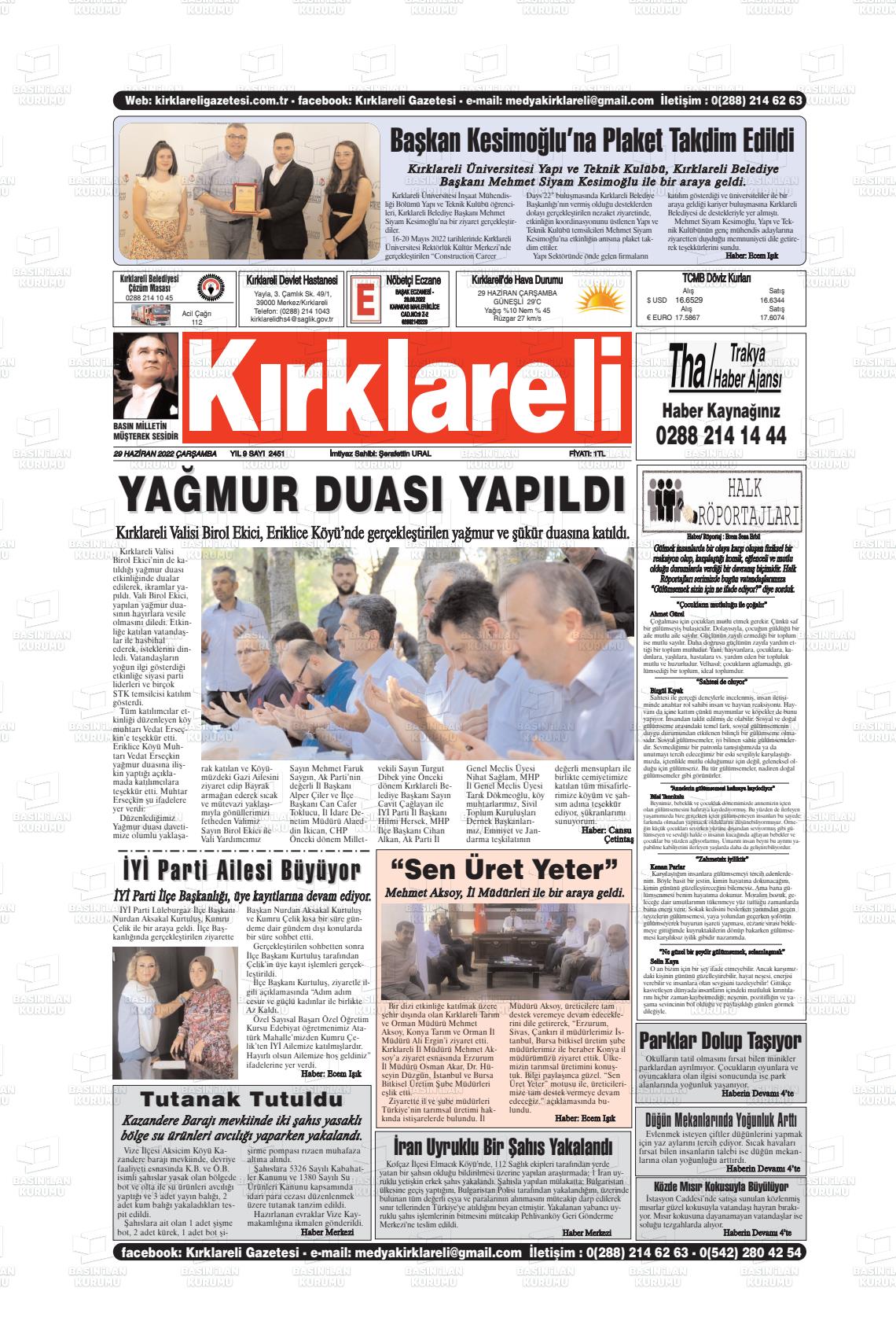 29 Haziran 2022 Kırklareli Gazete Manşeti