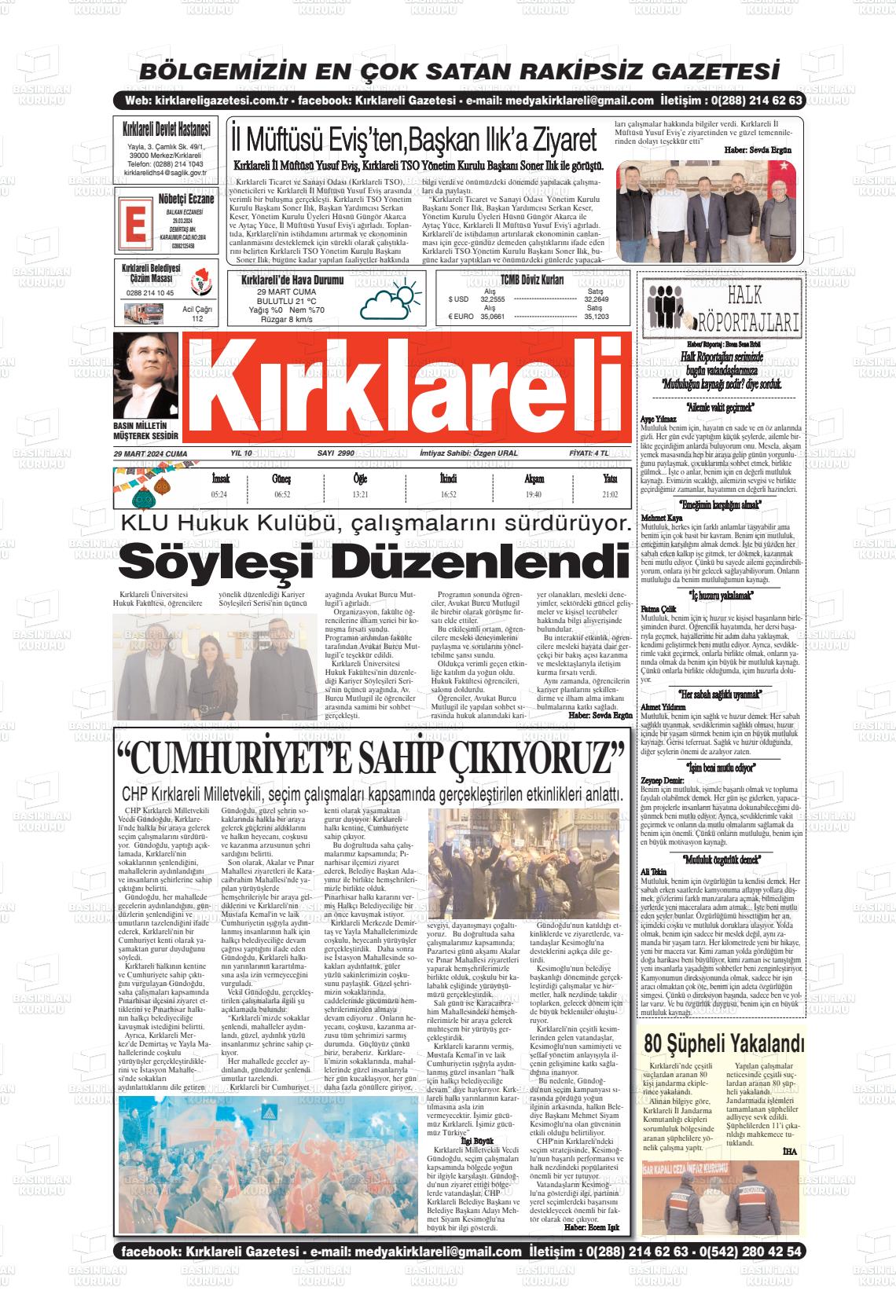 29 Mart 2024 Kırklareli Gazete Manşeti