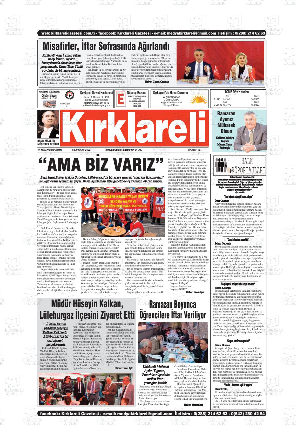 29 Nisan 2022 Kırklareli Gazete Manşeti