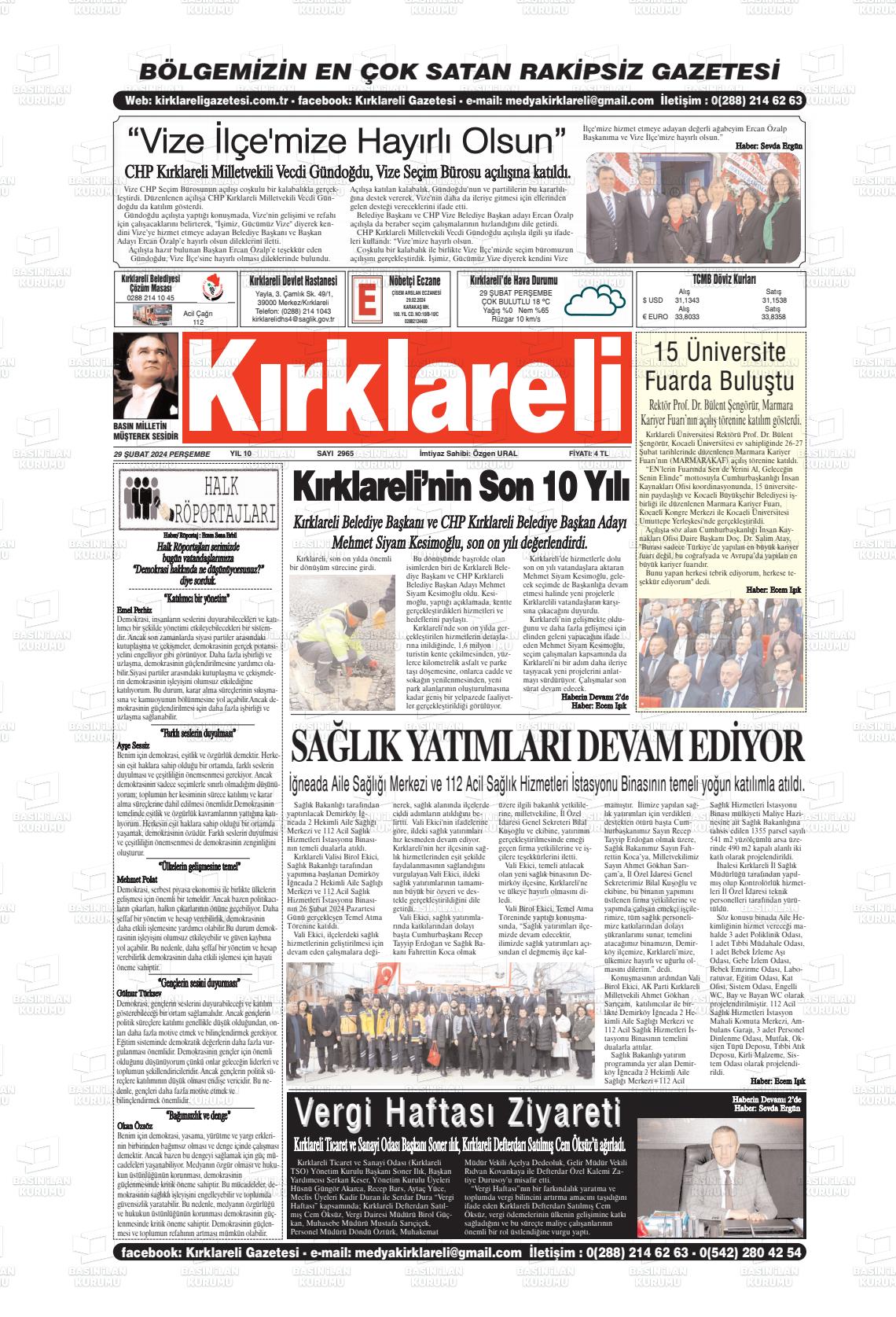 29 Şubat 2024 Kırklareli Gazete Manşeti