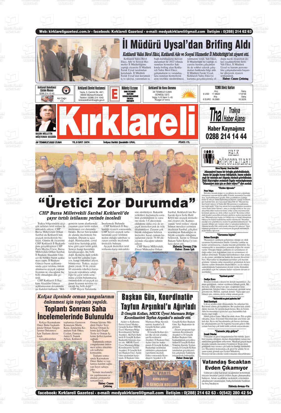 29 Temmuz 2022 Kırklareli Gazete Manşeti