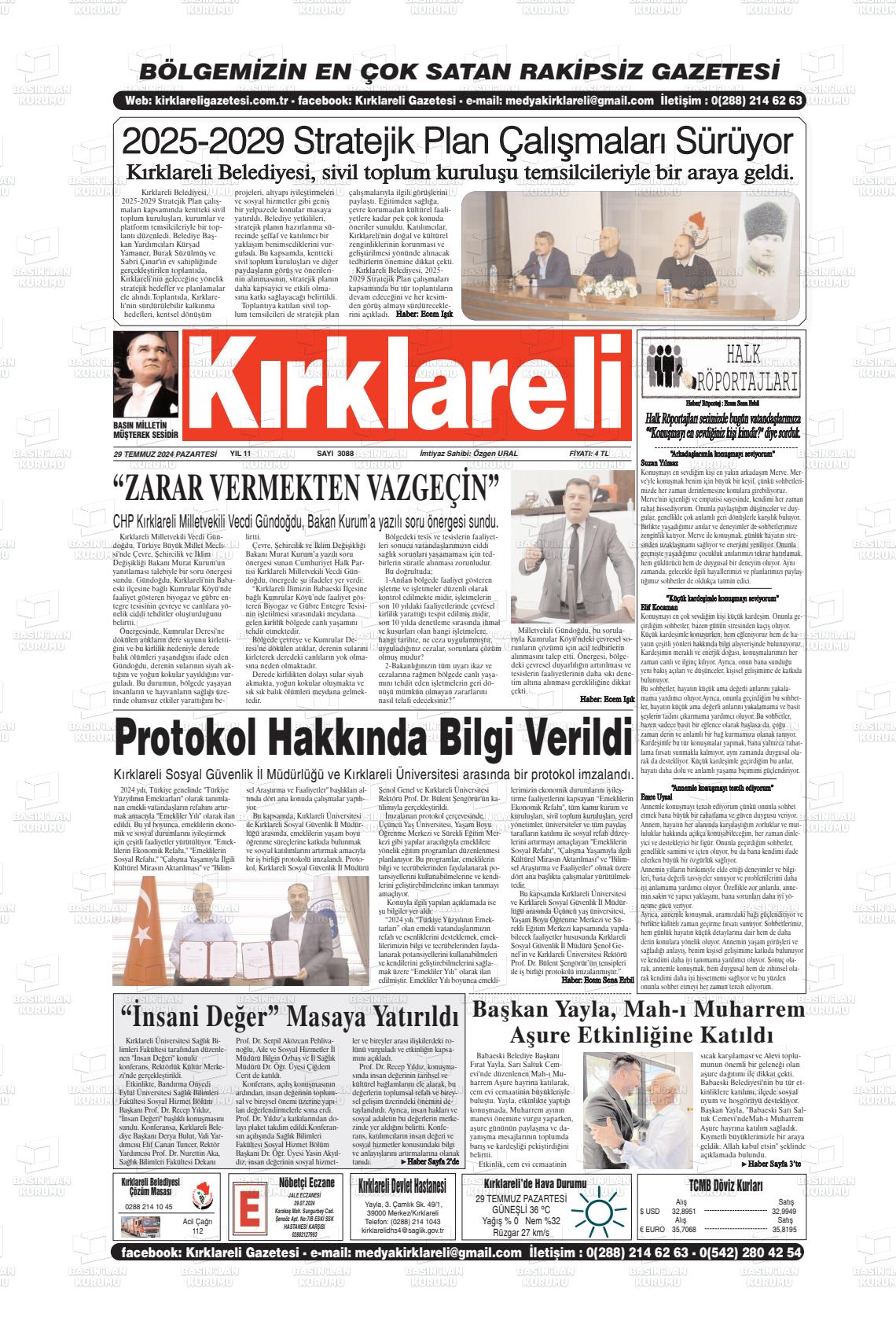 29 Temmuz 2024 Kırklareli Gazete Manşeti