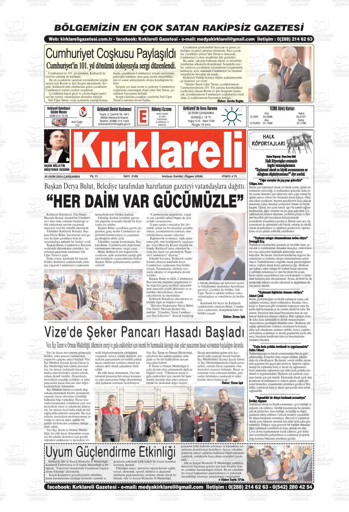 30 Ekim 2024 Kırklareli Gazete Manşeti