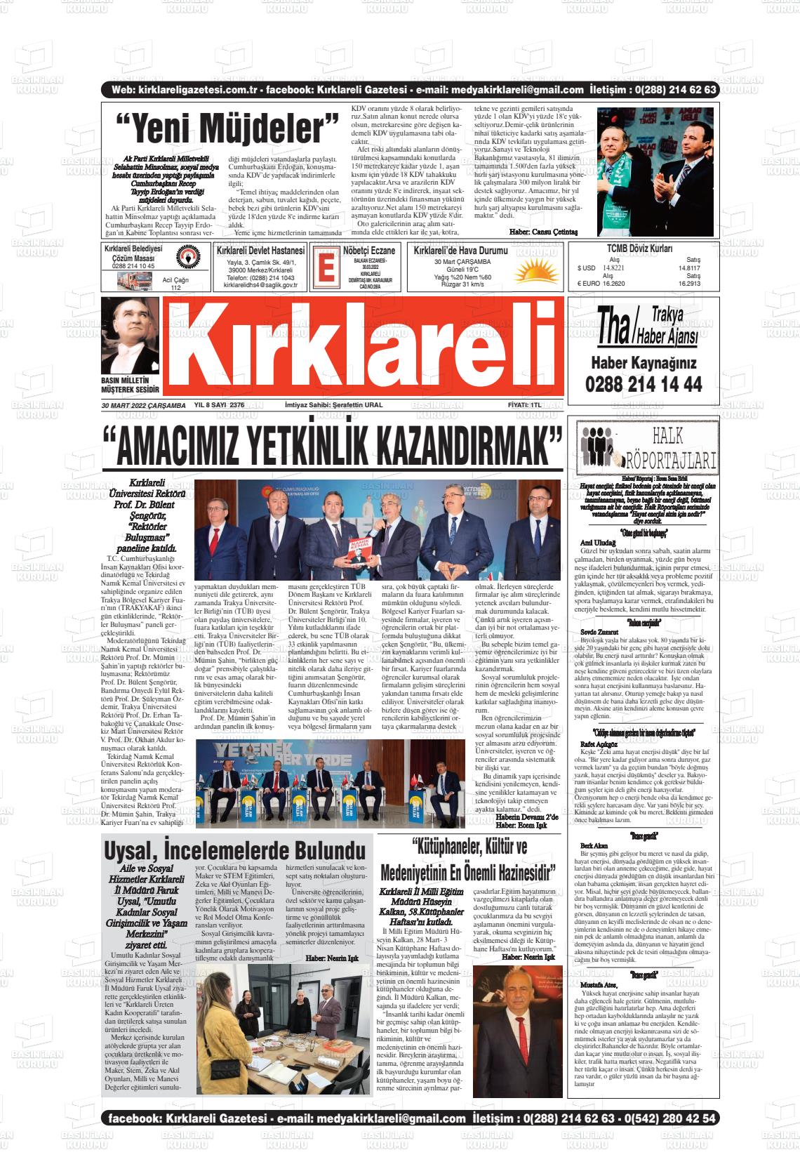 30 Mart 2022 Kırklareli Gazete Manşeti