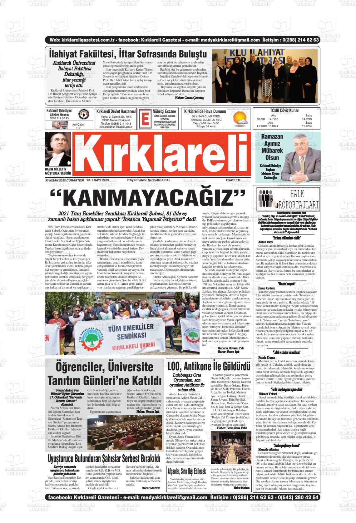 30 Nisan 2022 Kırklareli Gazete Manşeti