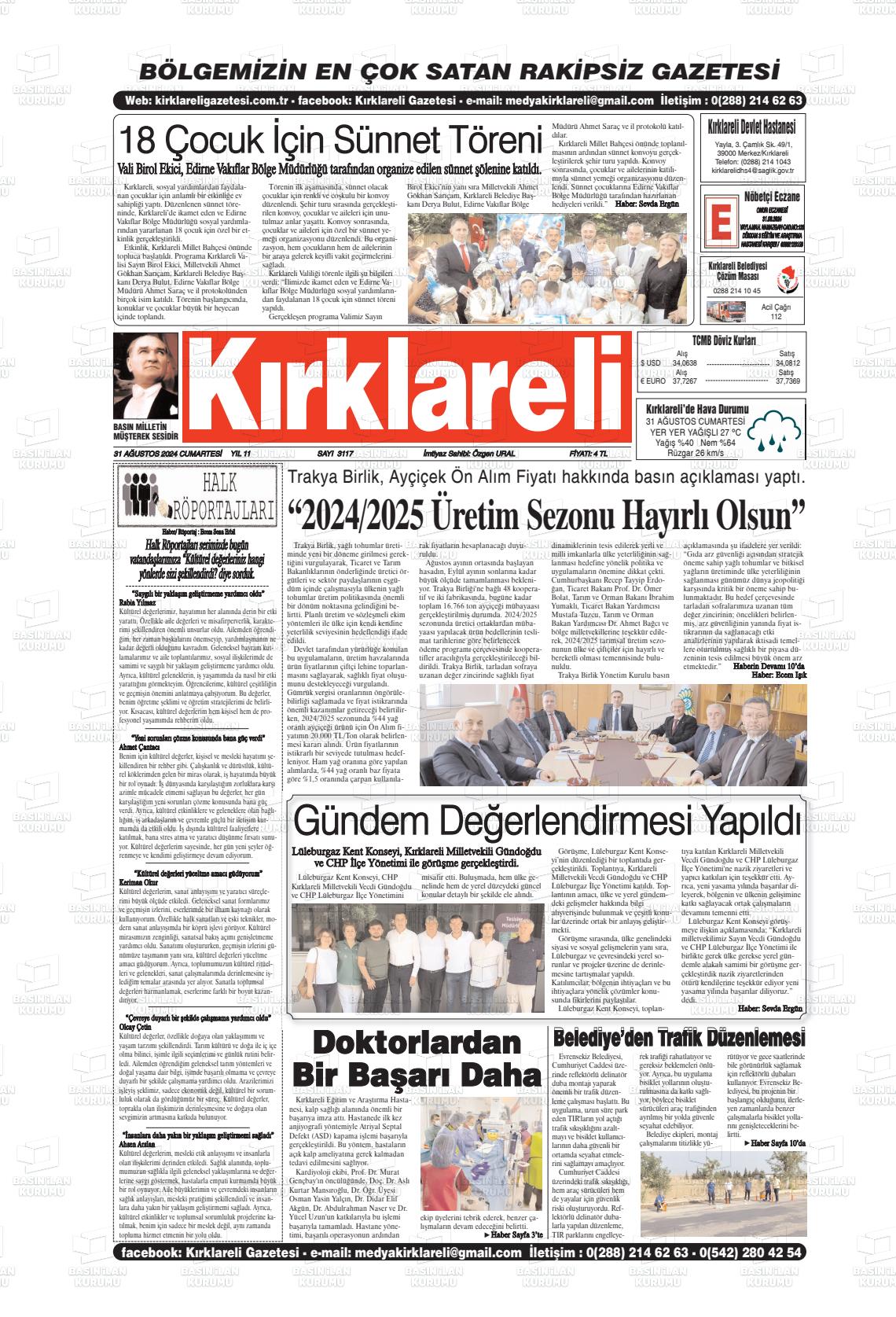 31 Ağustos 2024 Kırklareli Gazete Manşeti