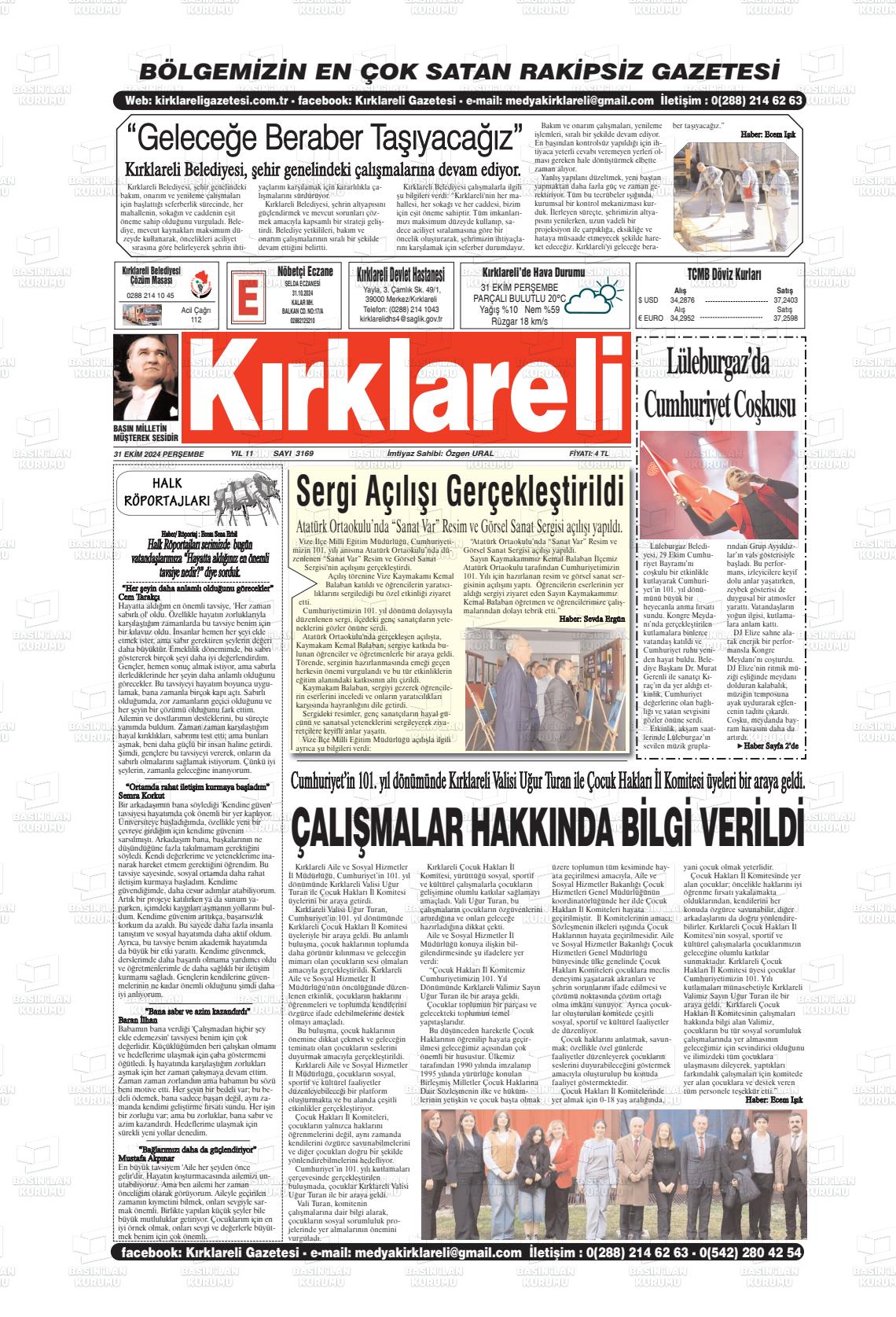 31 Ekim 2024 Kırklareli Gazete Manşeti