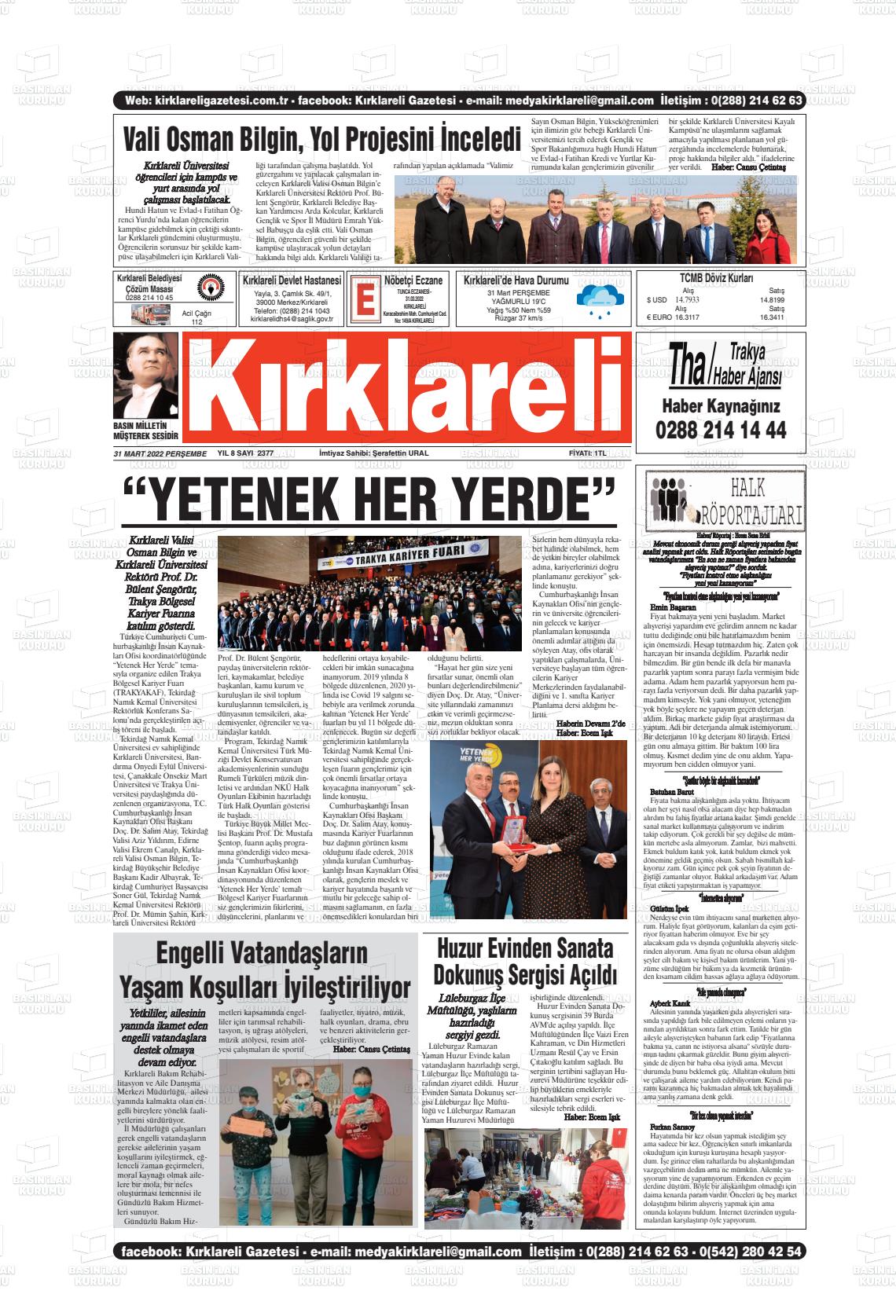 31 Mart 2022 Kırklareli Gazete Manşeti