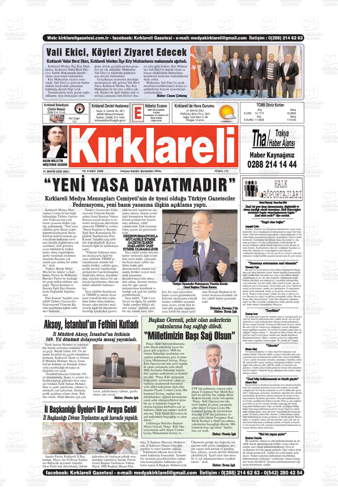 31 Mayıs 2022 Kırklareli Gazete Manşeti